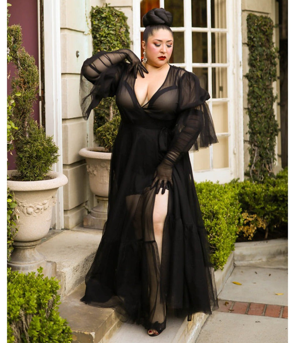 Elle Rebel Black Sheer Timeless Temptress Tulle Robe Dress - Unique Vintage - Womens, DRESSES, MAXI