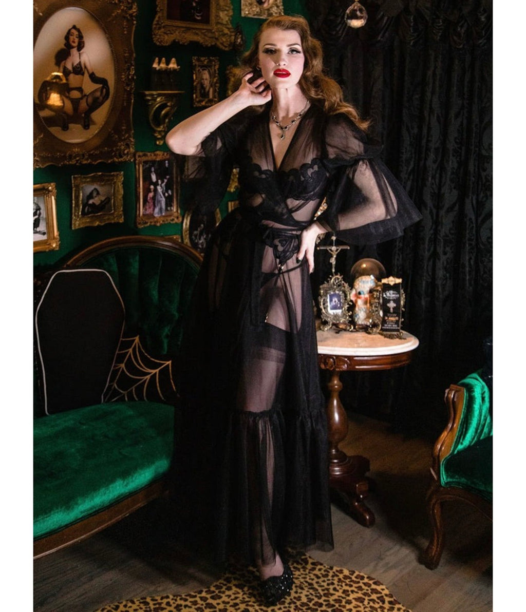 Elle Rebel Black Sheer Timeless Temptress Tulle Robe Dress - Unique Vintage - Womens, DRESSES, MAXI