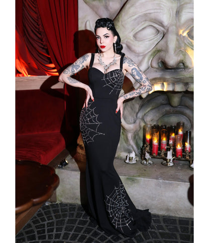 Elle Rebel Black Spiderweb Glamour Ghoul Gown - Unique Vintage - Womens, DRESSES, MIDI