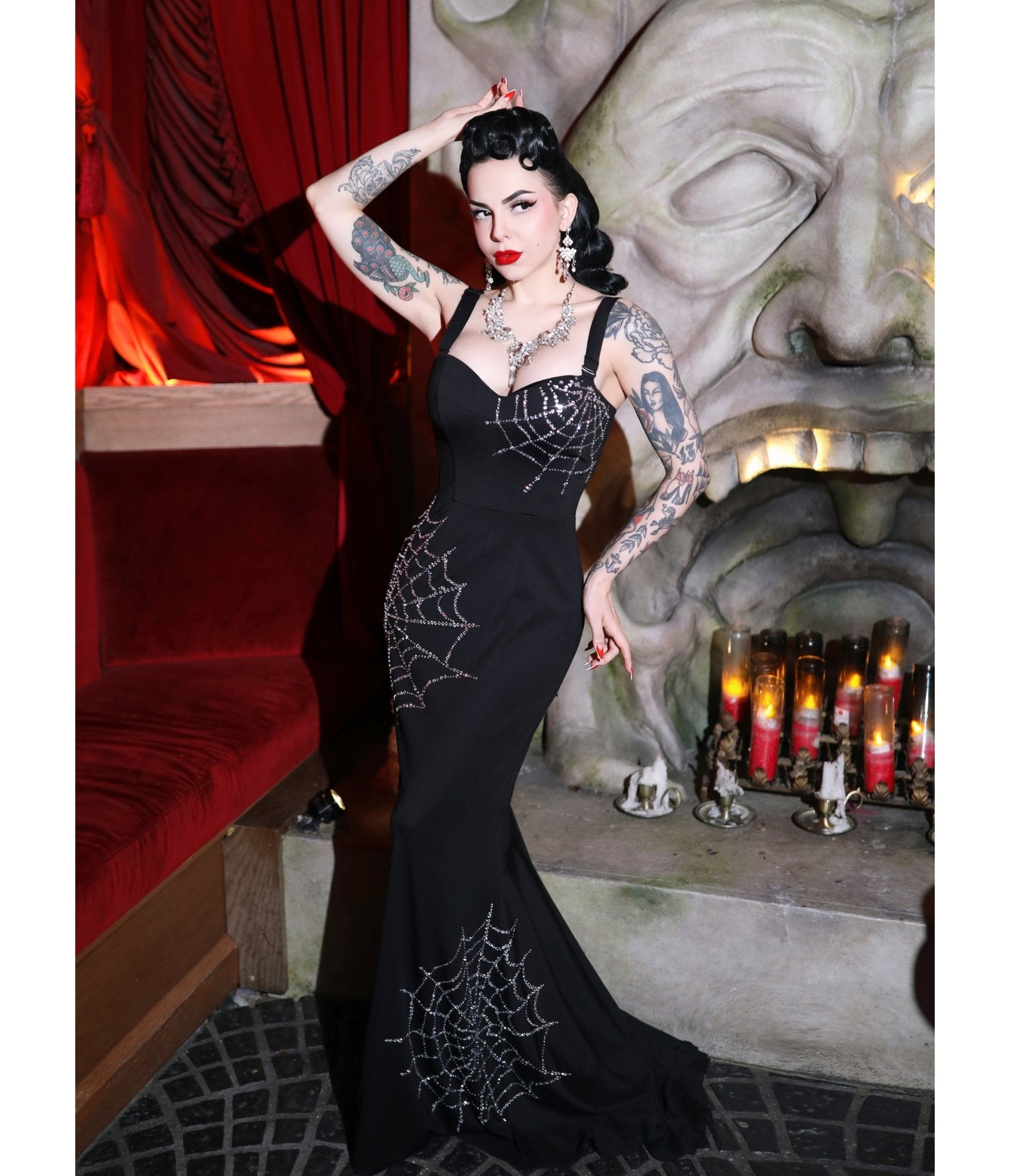 Elle Rebel Black Spiderweb Glamour Ghoul Gown - Unique Vintage - Womens, DRESSES, MIDI