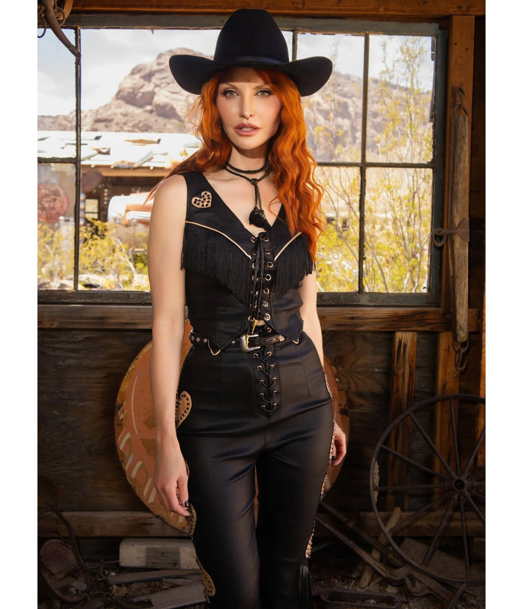 Elle Rebel Black Vegan Leather Fringe Vest - Unique Vintage - Womens, TOPS, SWEATERS AND VESTS
