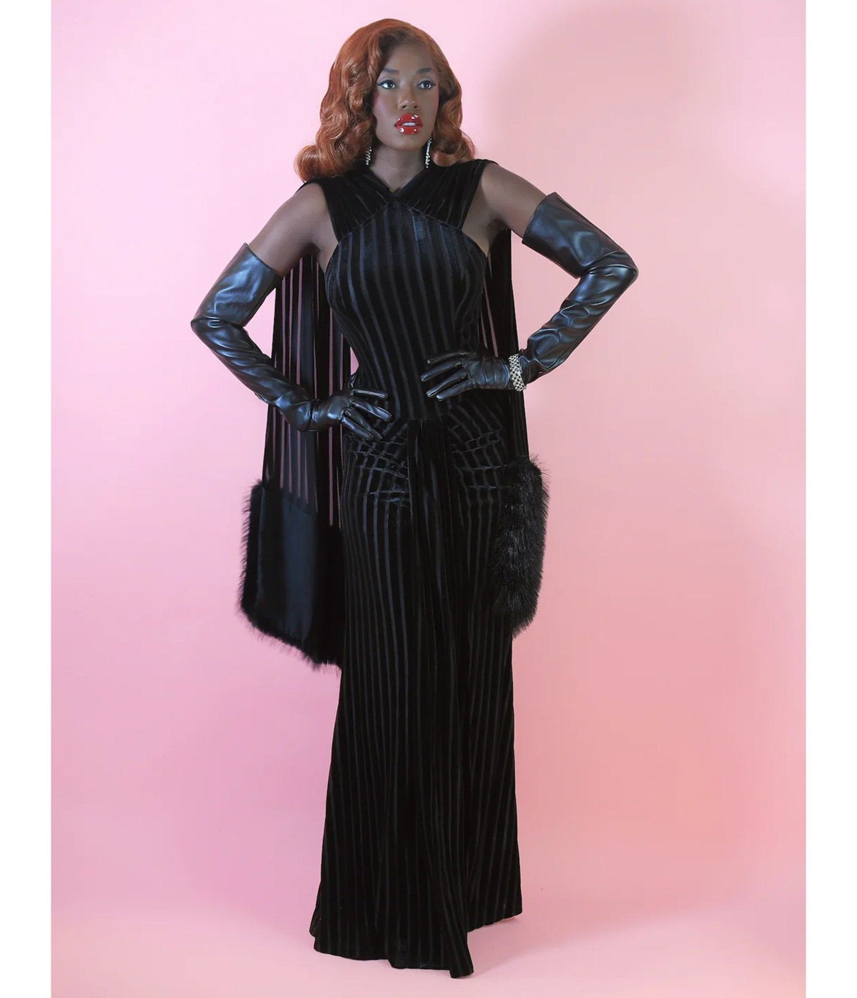 Elle Rebel Black Velvet Burnout Stripe Nocturne Gown - Unique Vintage - Womens, DRESSES, MAXI