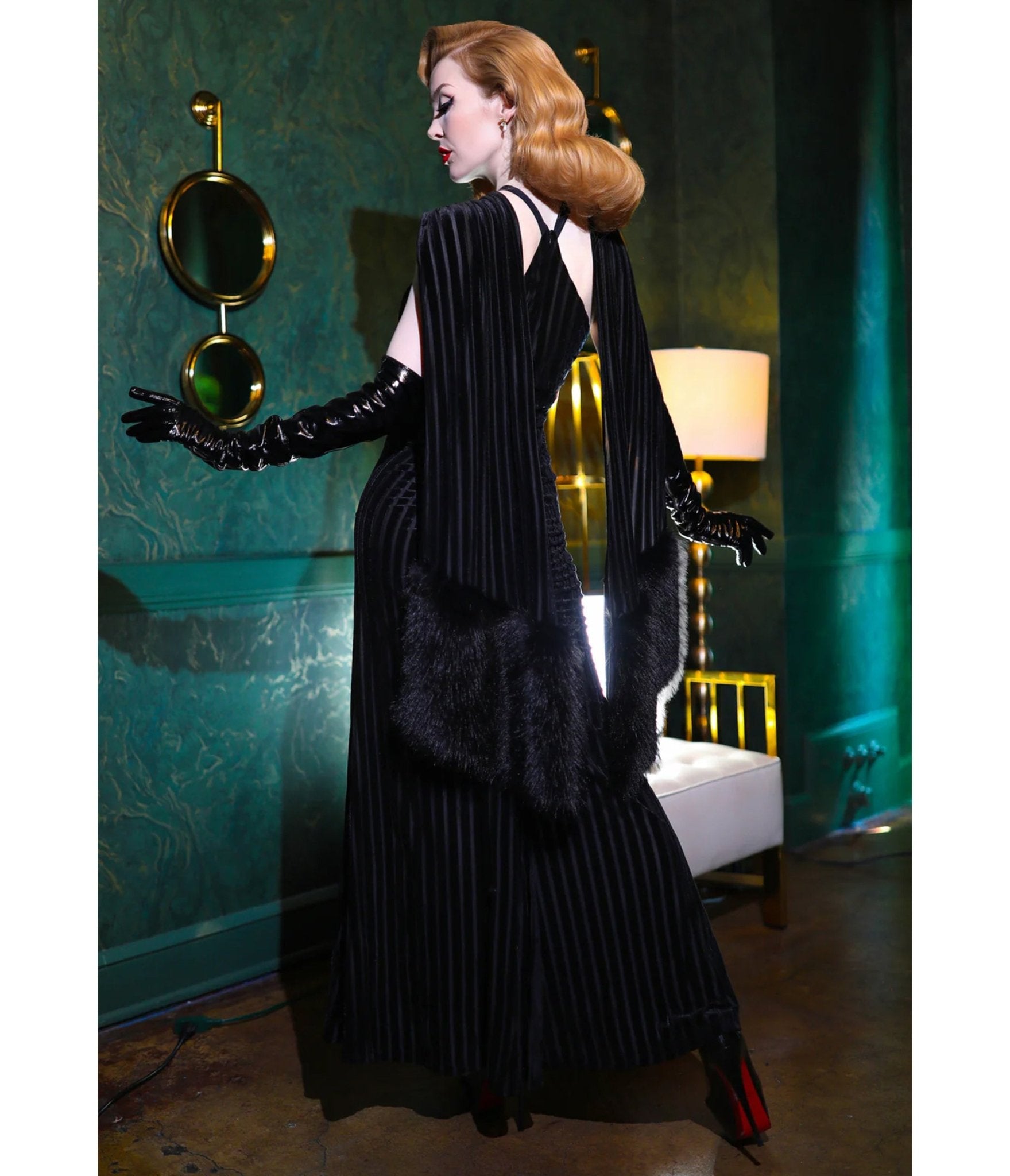 Elle Rebel Black Velvet Burnout Stripe Nocturne Gown - Unique Vintage - Womens, DRESSES, MAXI