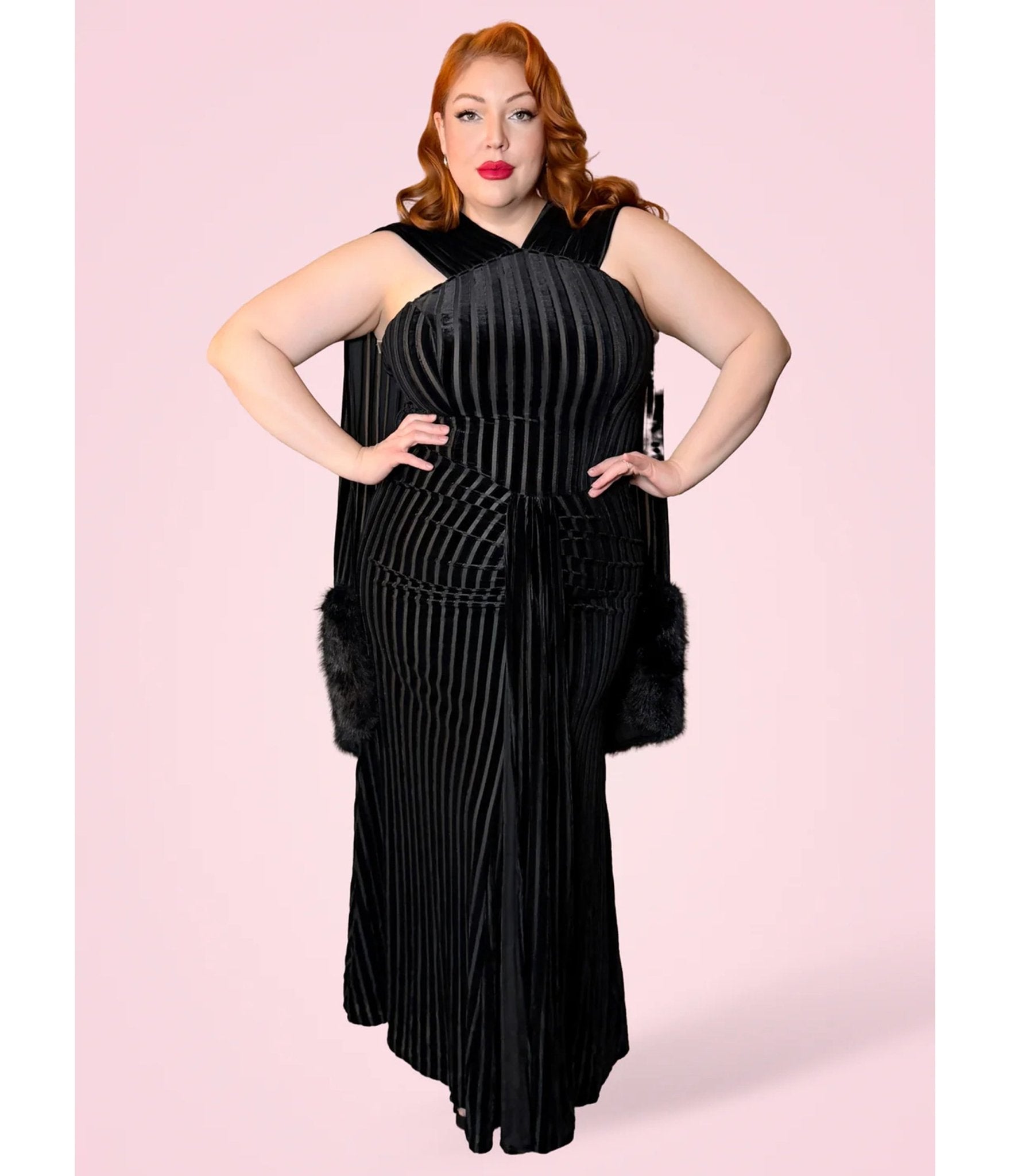 Elle Rebel Black Velvet Burnout Stripe Nocturne Gown - Unique Vintage - Womens, DRESSES, MAXI