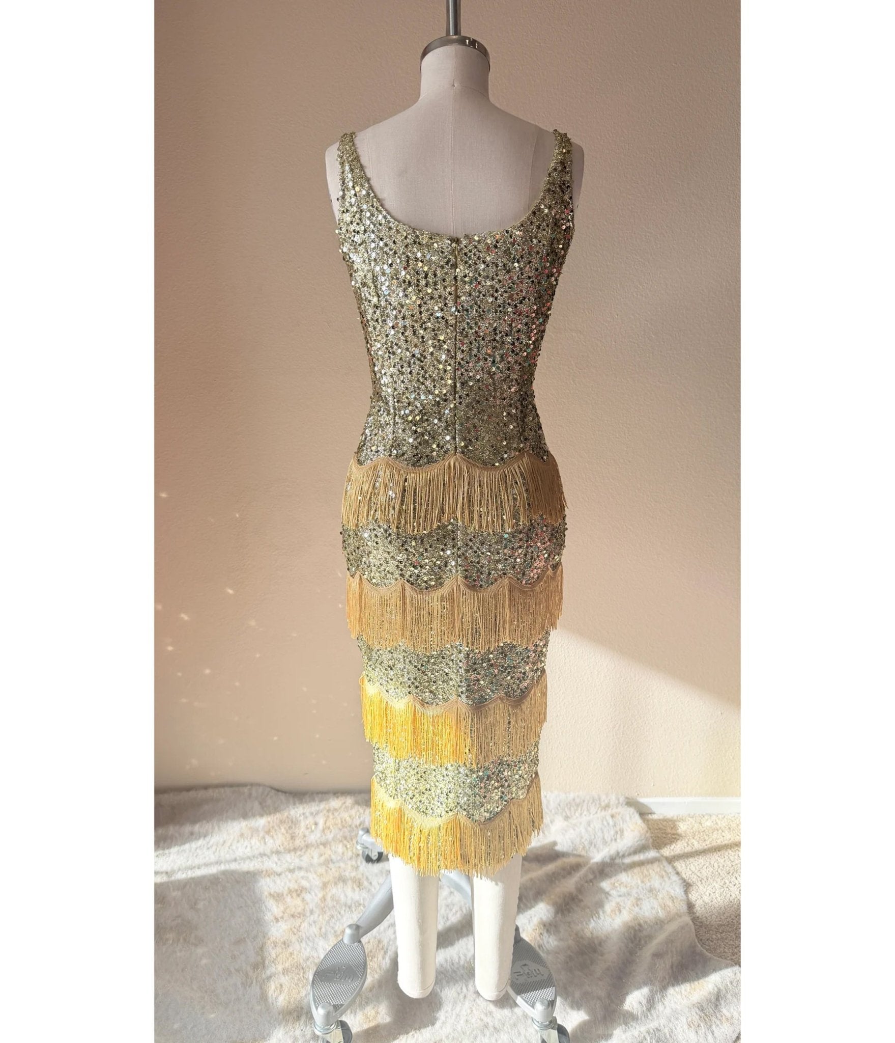 Elle Rebel Gold Sequin Studio Starlet Fringe Flapper Dress - Unique Vintage - Womens, DRESSES, PROM AND SPECIAL OCCASION