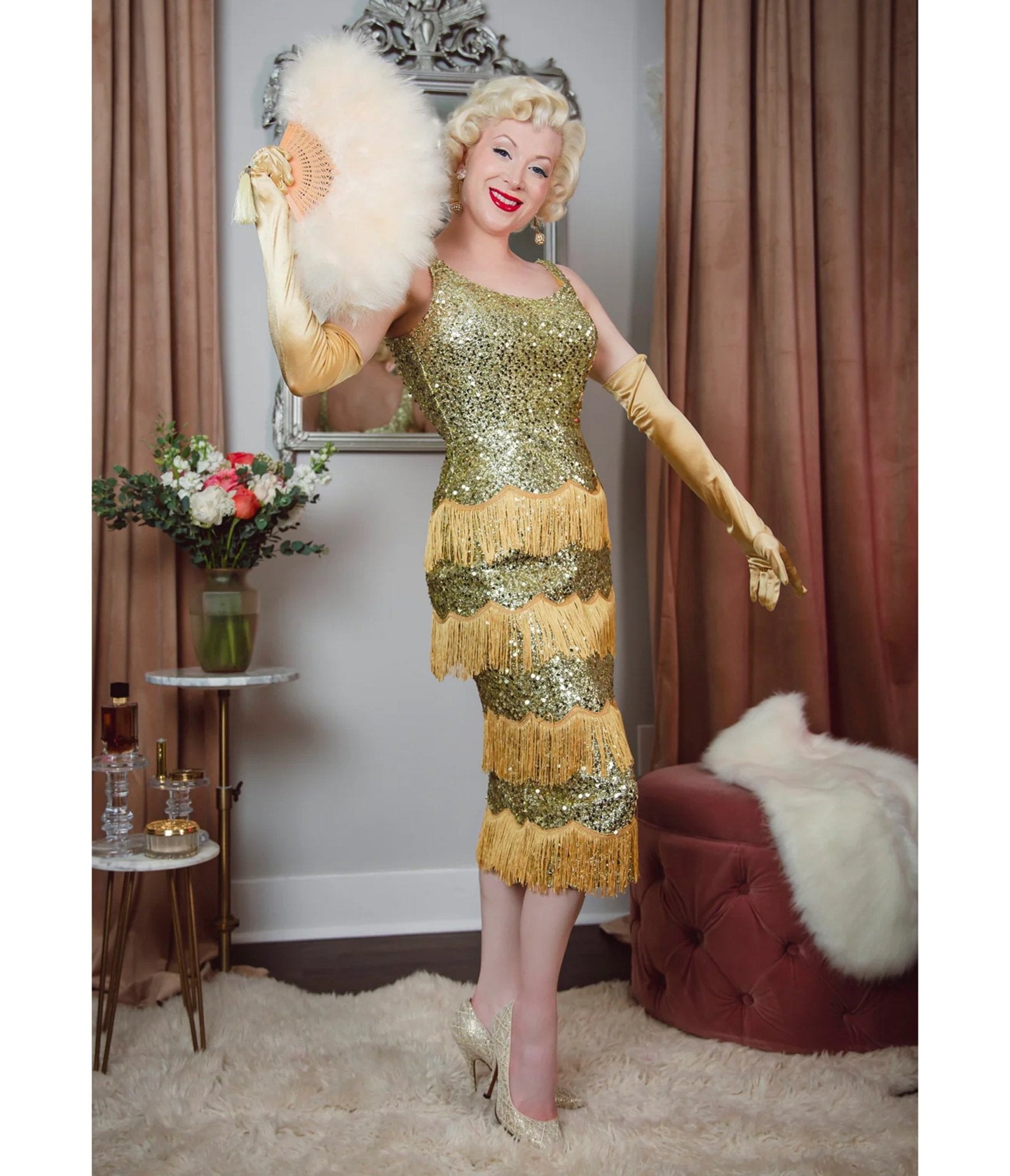 Elle Rebel Gold Sequin Studio Starlet Fringe Flapper Dress - Unique Vintage - Womens, DRESSES, PROM AND SPECIAL OCCASION