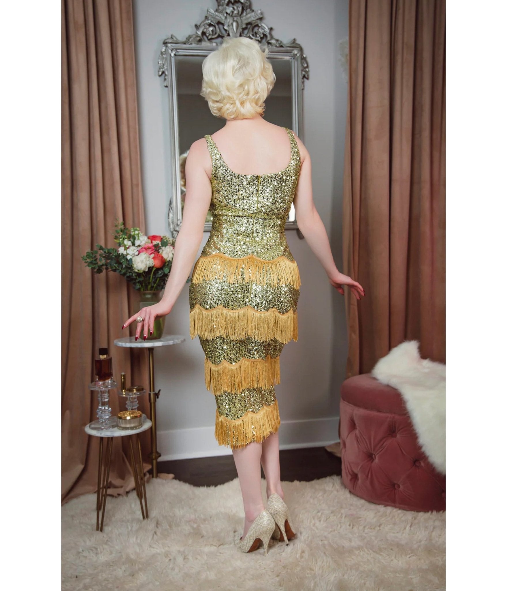 Elle Rebel Gold Sequin Studio Starlet Fringe Flapper Dress - Unique Vintage - Womens, DRESSES, PROM AND SPECIAL OCCASION