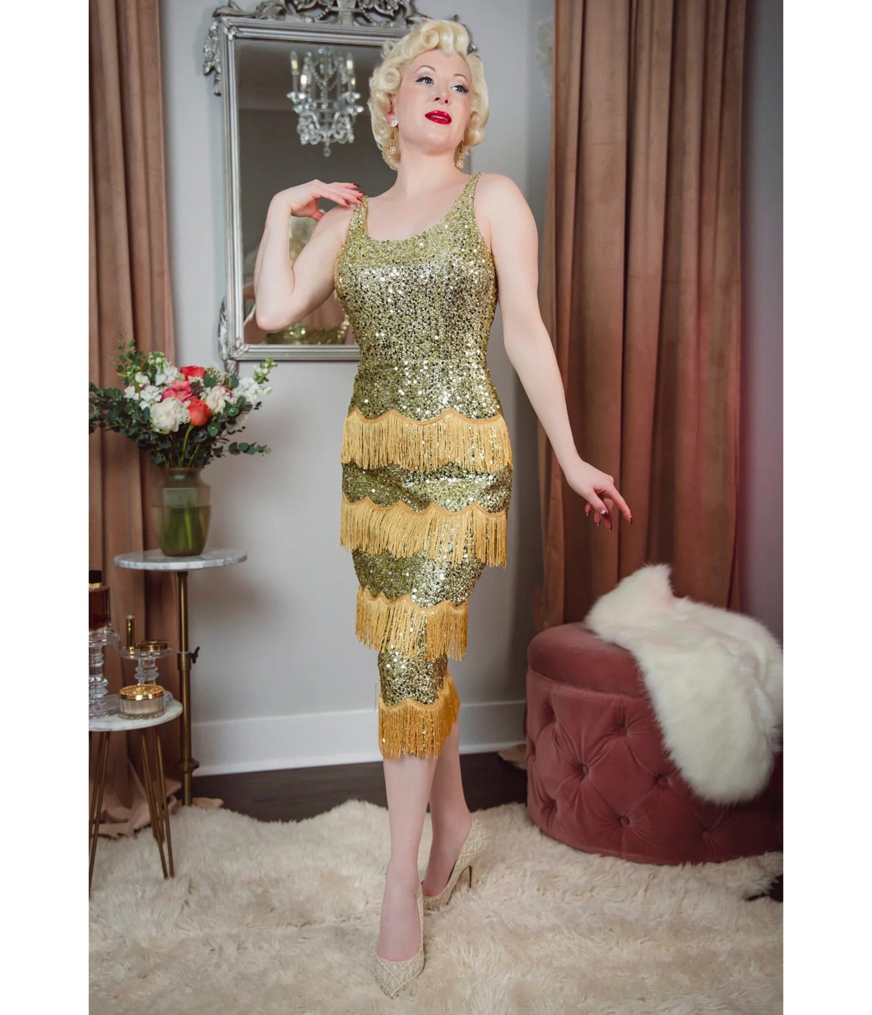 Elle Rebel Gold Sequin Studio Starlet Fringe Flapper Dress 3X