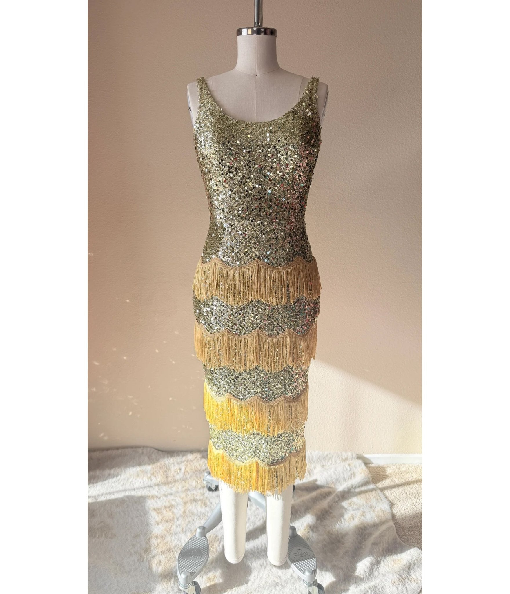Elle Rebel Gold Sequin Studio Starlet Fringe Flapper Dress - Unique Vintage - Womens, DRESSES, PROM AND SPECIAL OCCASION