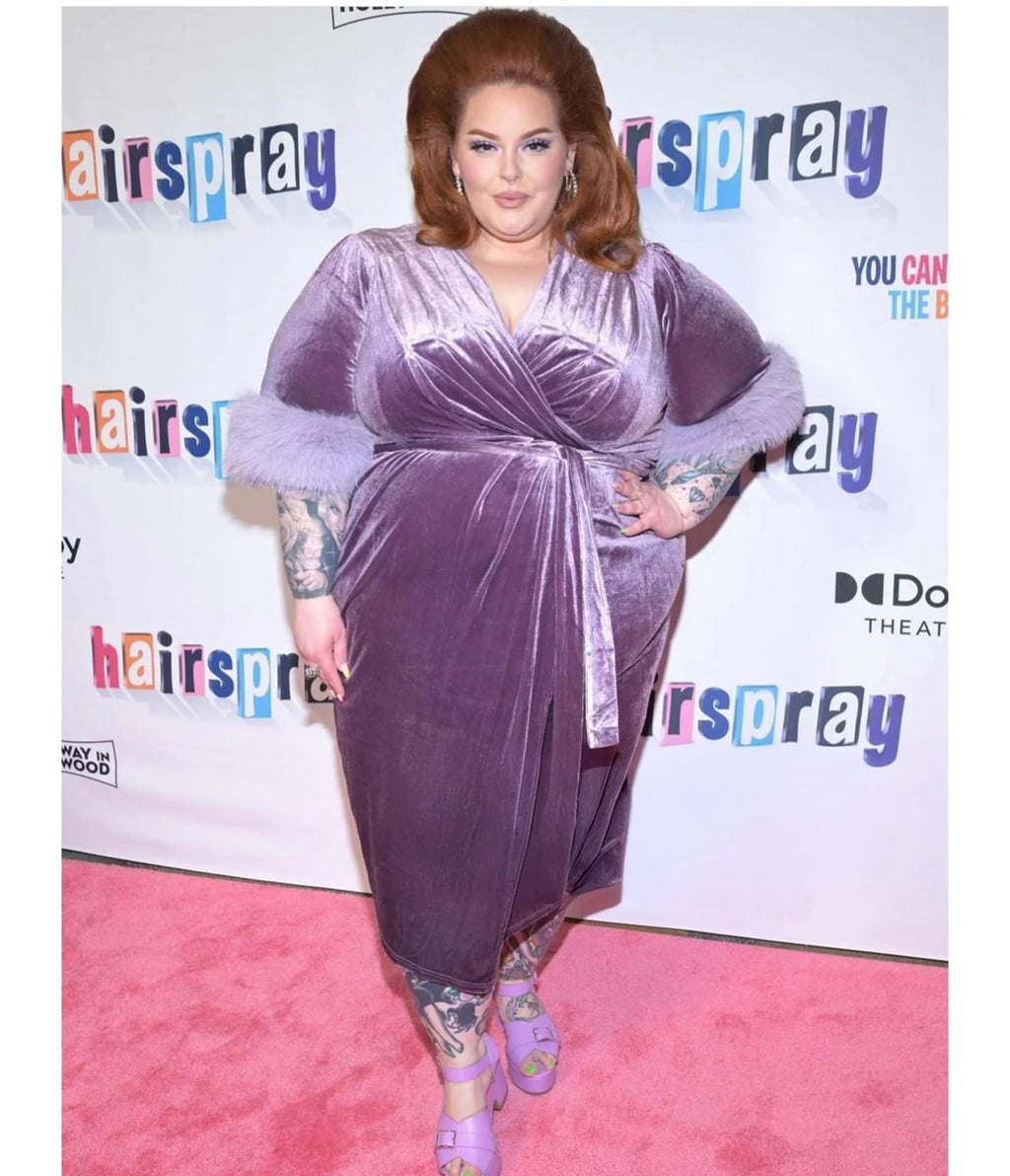 Elle Rebel Lavender Velvet Fifth Avenue Wrap Pencil Dress - Unique Vintage - Womens, DRESSES, PROM AND SPECIAL OCCASION