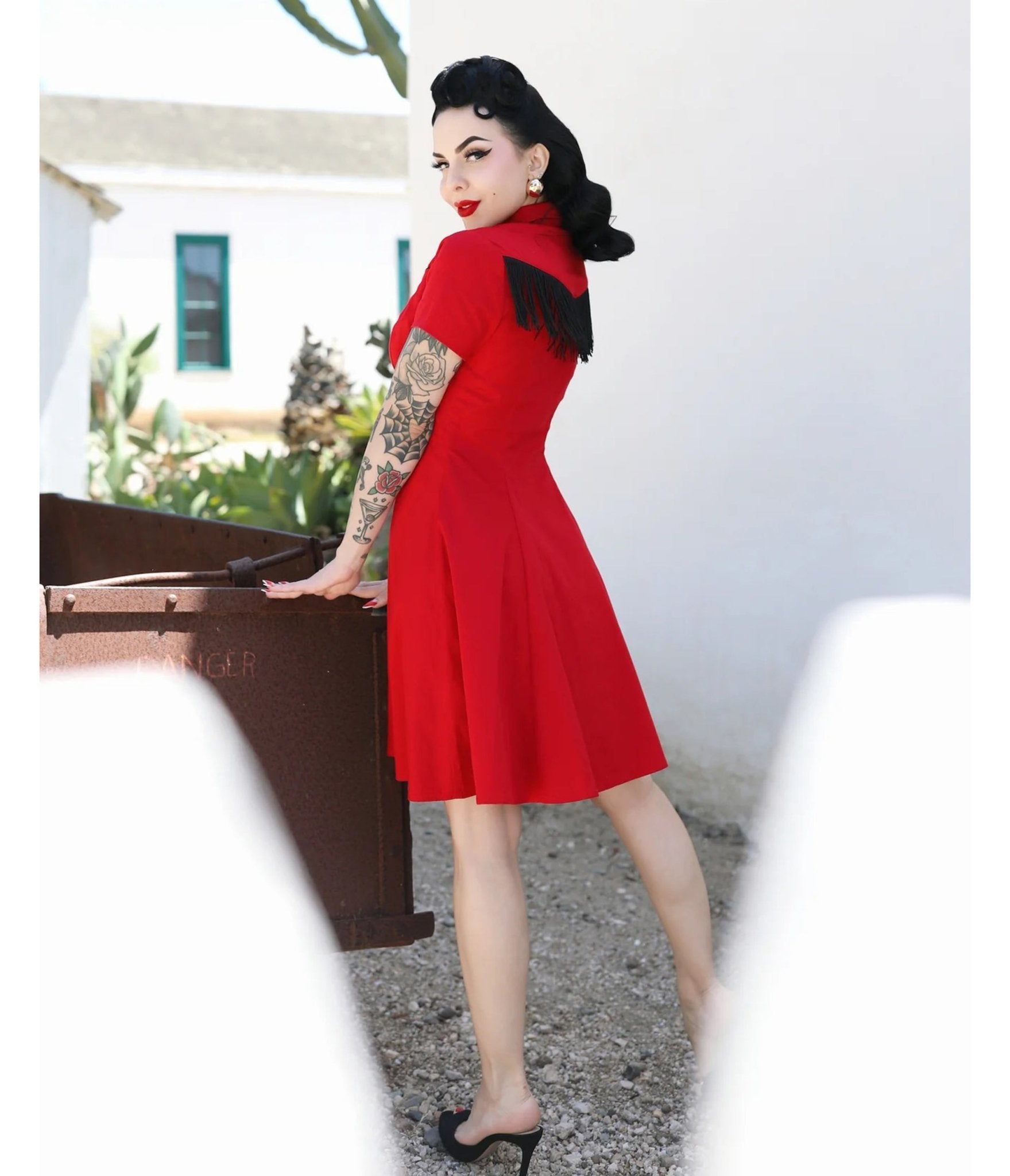 Elle Rebel Red Embroidered Western Shirt Dress Large
