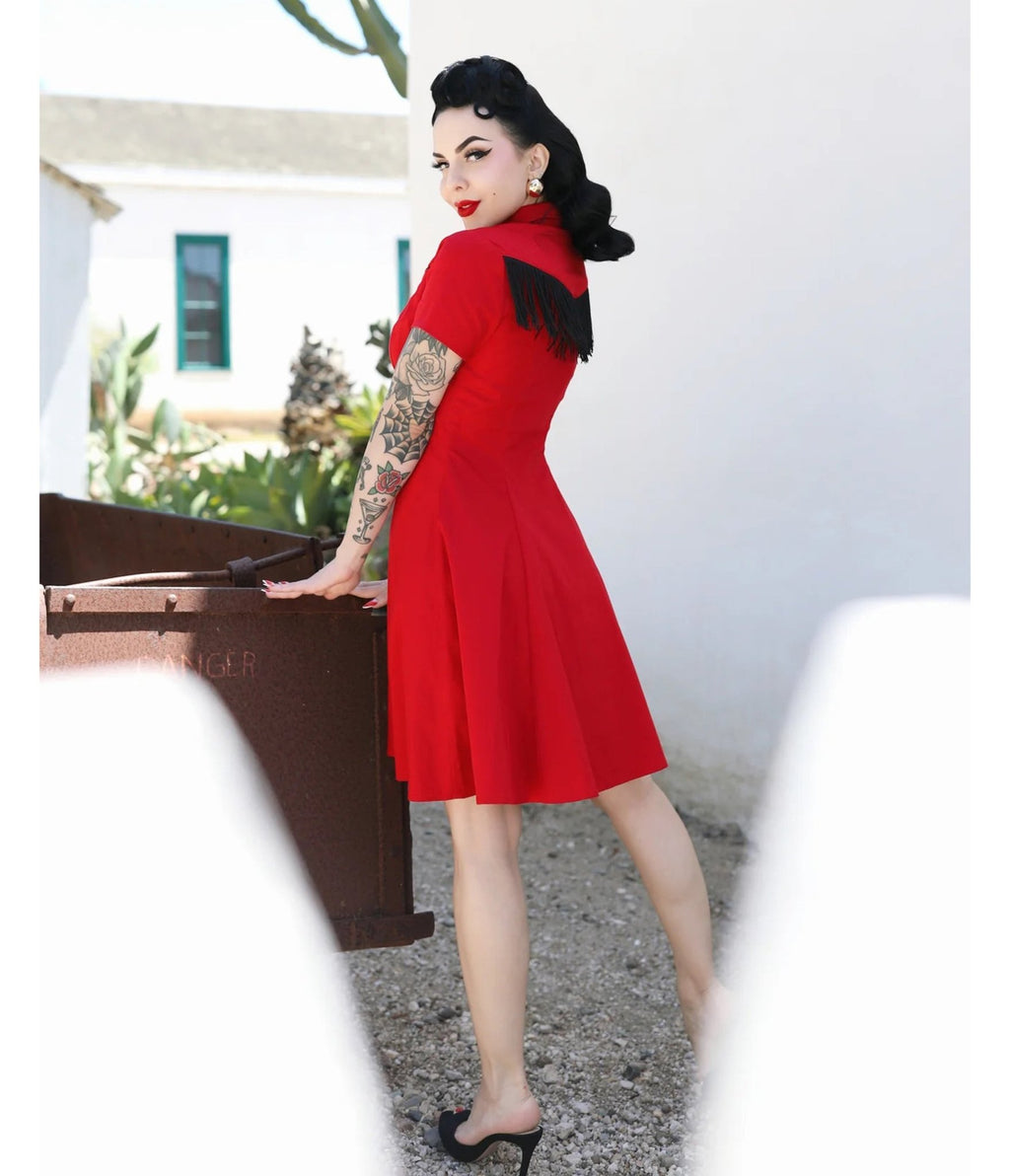 Elle Rebel Red Embroidered Western Shirt Dress - Unique Vintage - Womens, DRESSES, SWING