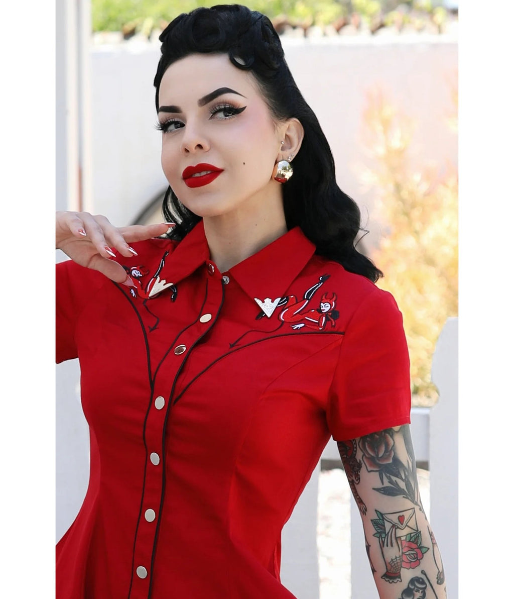 Elle Rebel Red Embroidered Western Shirt Dress Large