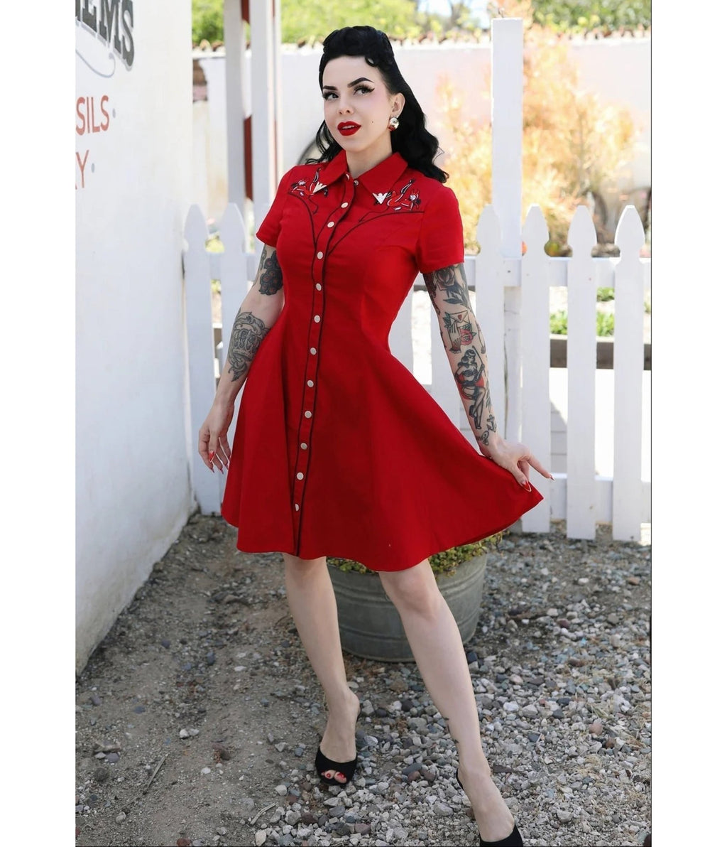 Elle Rebel Red Embroidered Western Shirt Dress - Unique Vintage - Womens, DRESSES, SWING