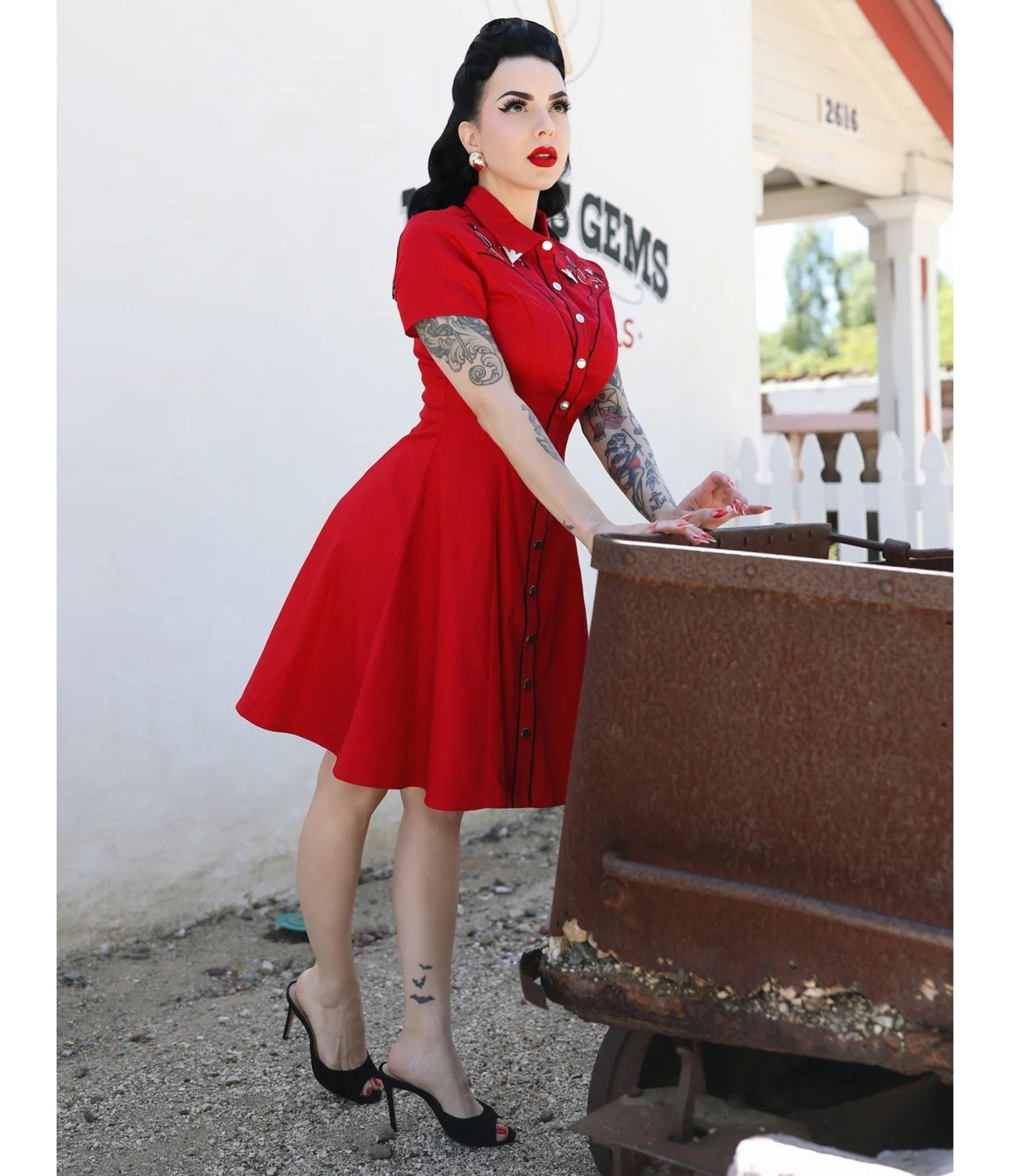 Elle Rebel Red Embroidered Western Shirt Dress 3X