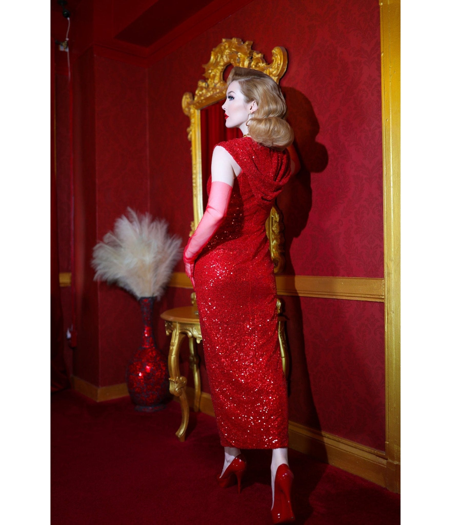 Elle Rebel Red Sequin Cairo Sunset Hooded Maxi Dress - Unique Vintage - Womens, DRESSES, MIDI