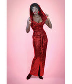 Elle Rebel Red Sequin Cairo Sunset Hooded Maxi Dress - Unique Vintage - Womens, DRESSES, MIDI