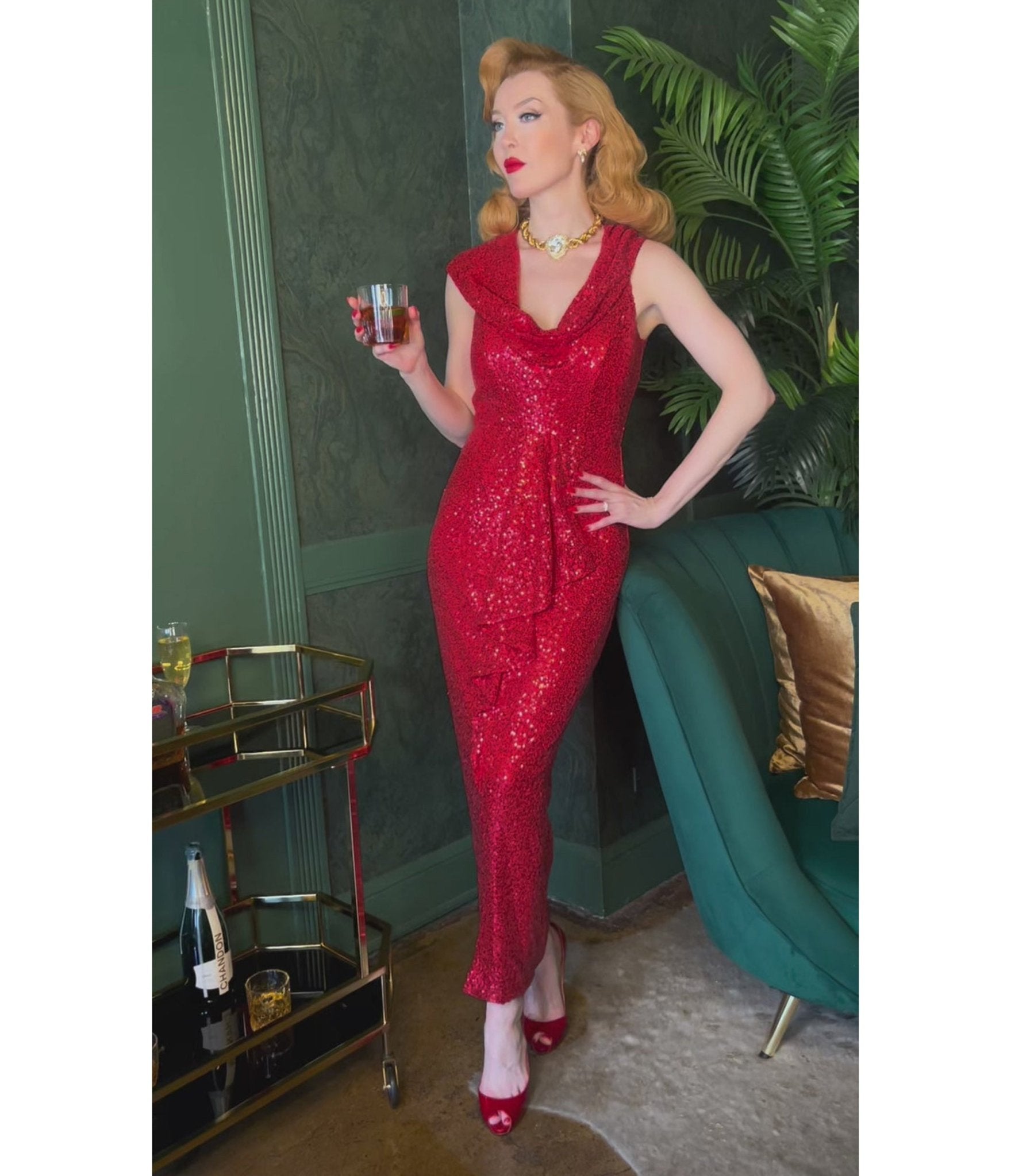 Elle Rebel Red Sequin Cairo Sunset Hooded Maxi Dress - Unique Vintage - Womens, DRESSES, MIDI