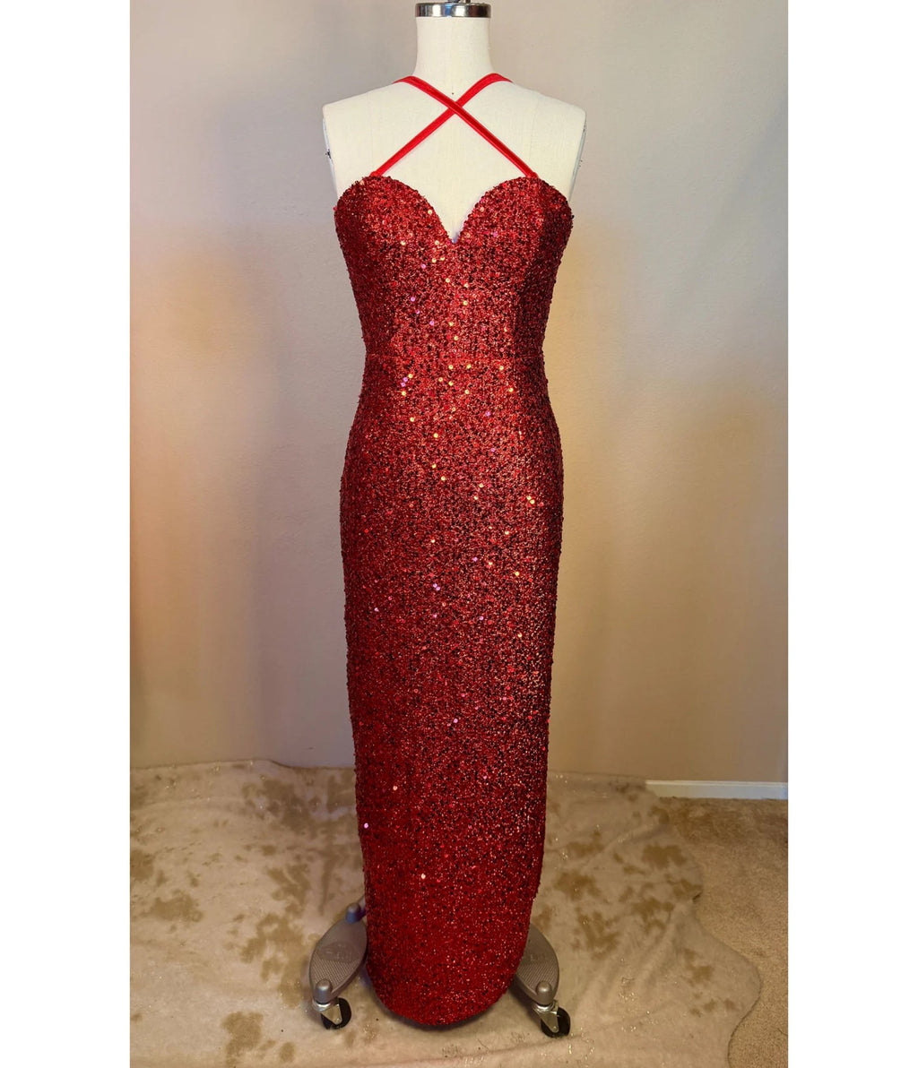 long sequin dresses red Elle Rebel Red Sequin Side Slit Evening Gown – Unique Vintage