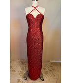 Elle Rebel Red Sequin Side Slit Evening Gown - Unique Vintage - Womens, DRESSES, PROM AND SPECIAL OCCASION