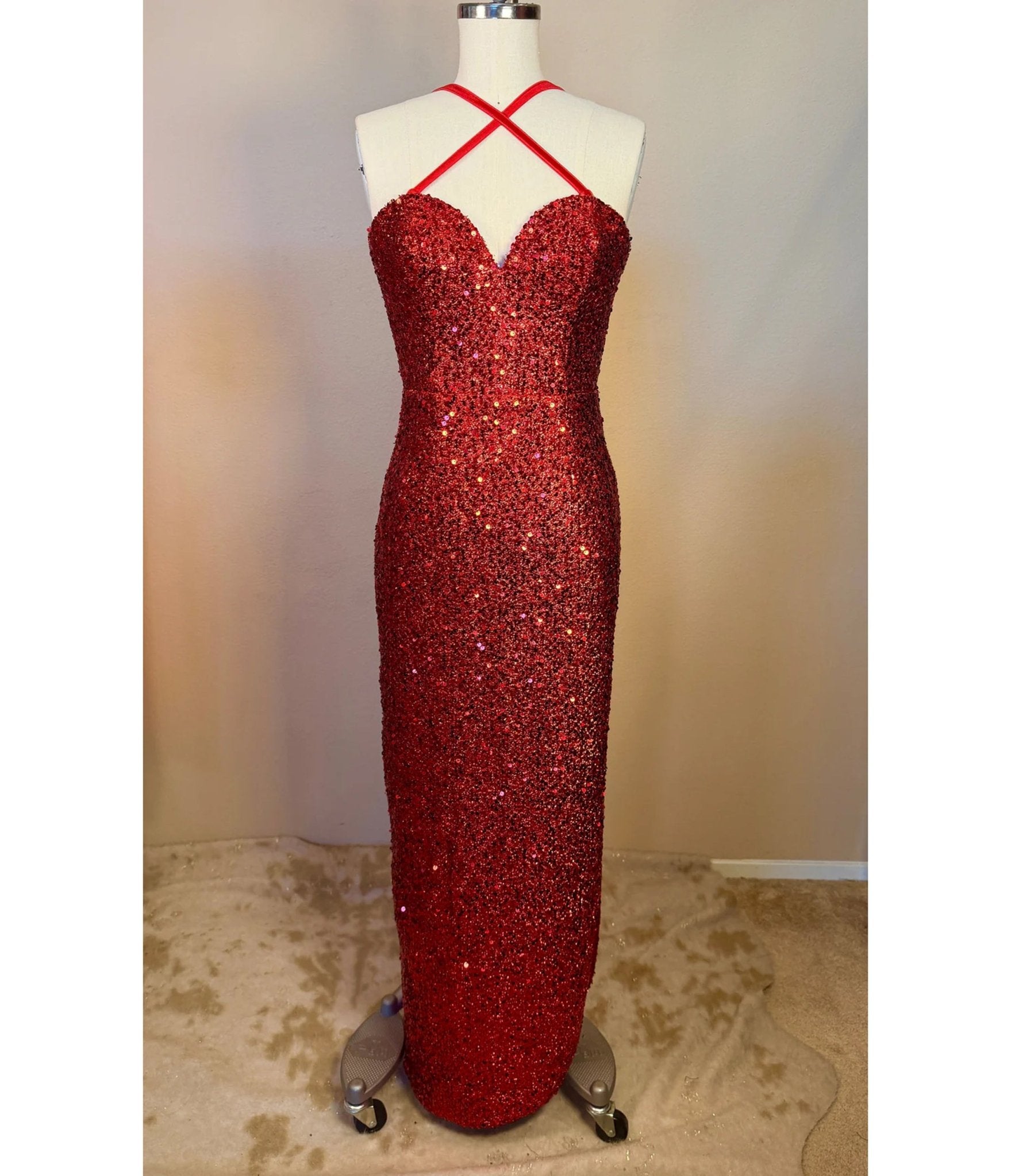 Elle Rebel Red Sequin Side Slit Evening Gown - Unique Vintage - Womens, DRESSES, PROM AND SPECIAL OCCASION