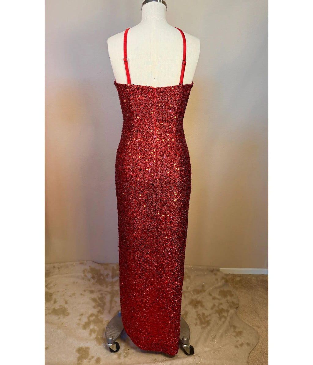 Elle Rebel Red Sequin Side Slit Evening Gown - Unique Vintage - Womens, DRESSES, PROM AND SPECIAL OCCASION