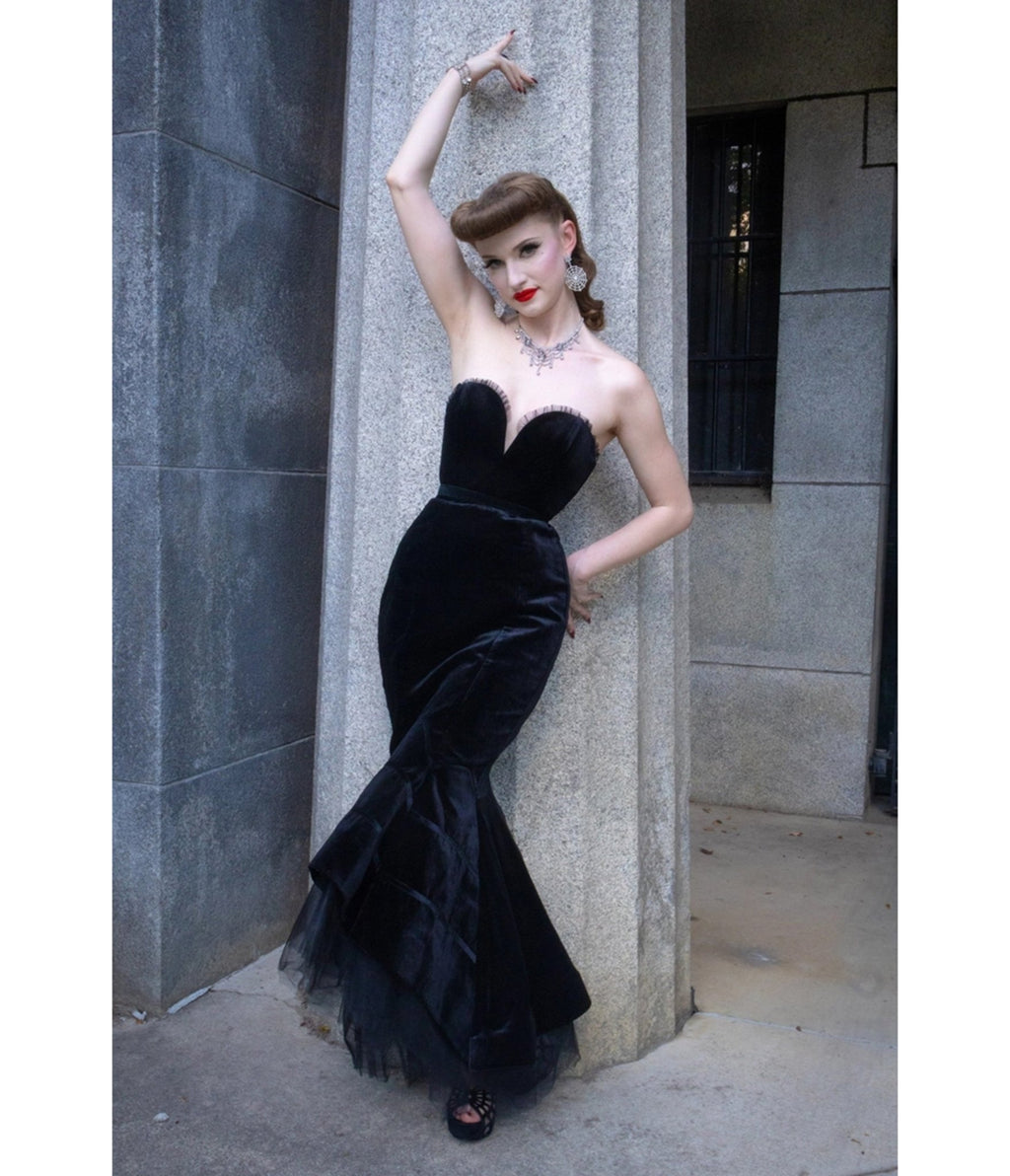 Elle Rebel Velvet Black Widow Gown - Unique Vintage - Maxi Dresses