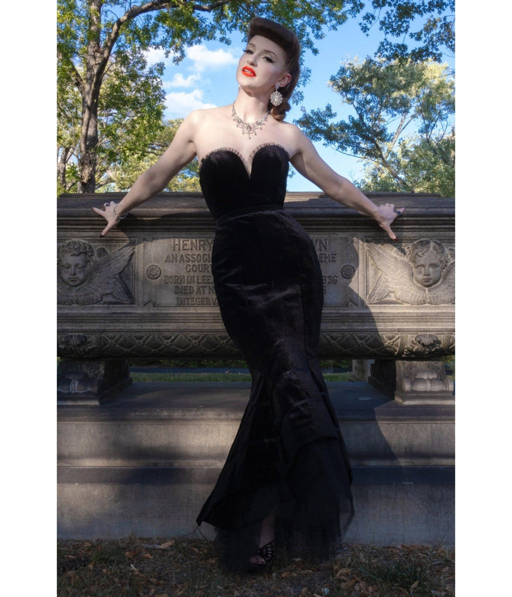 Elle Rebel Velvet Black Widow Gown - Unique Vintage - Maxi Dresses