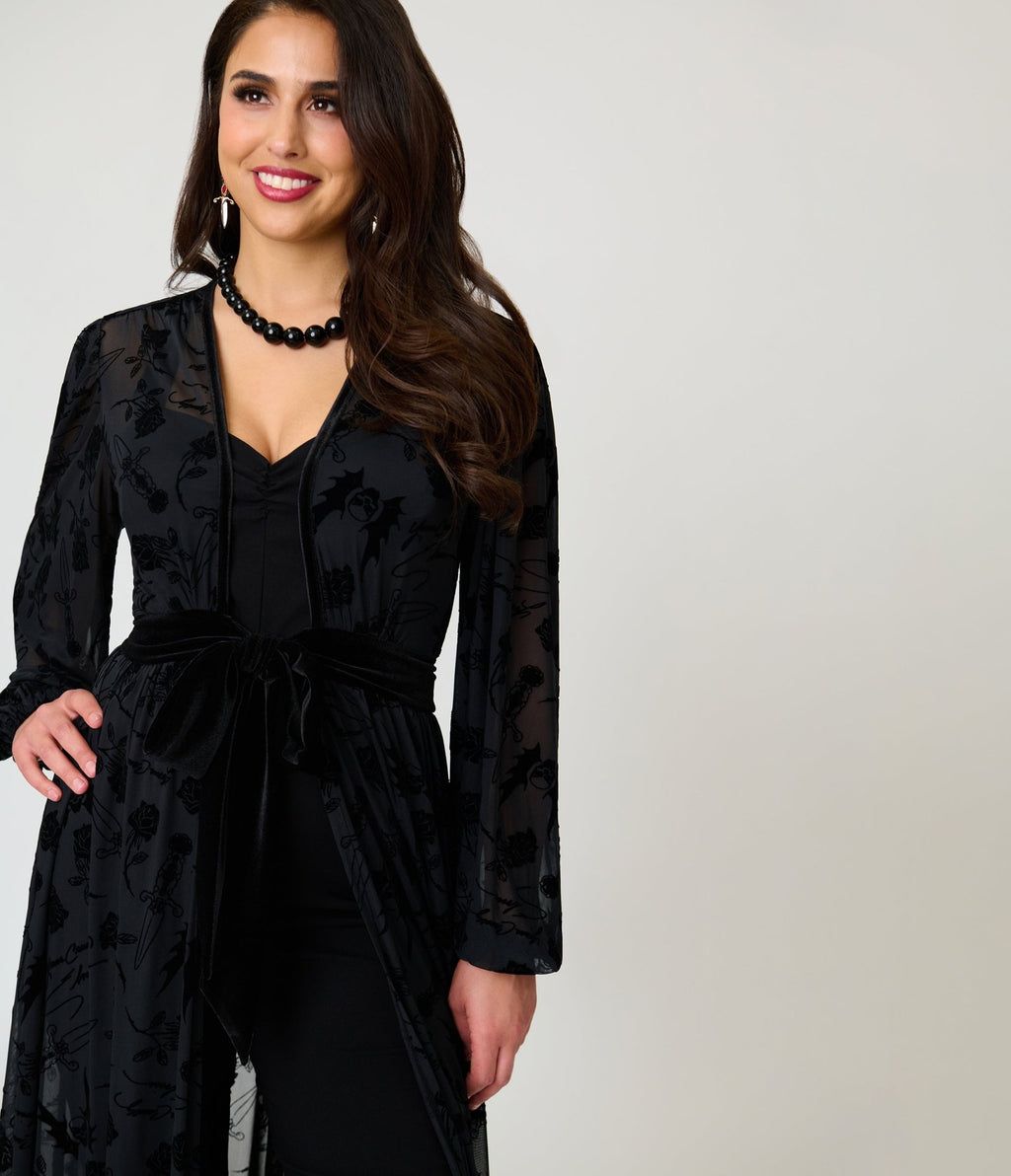 Elvira x Unique Vintage Black Flocked Hollywood Duster - Unique Vintage -