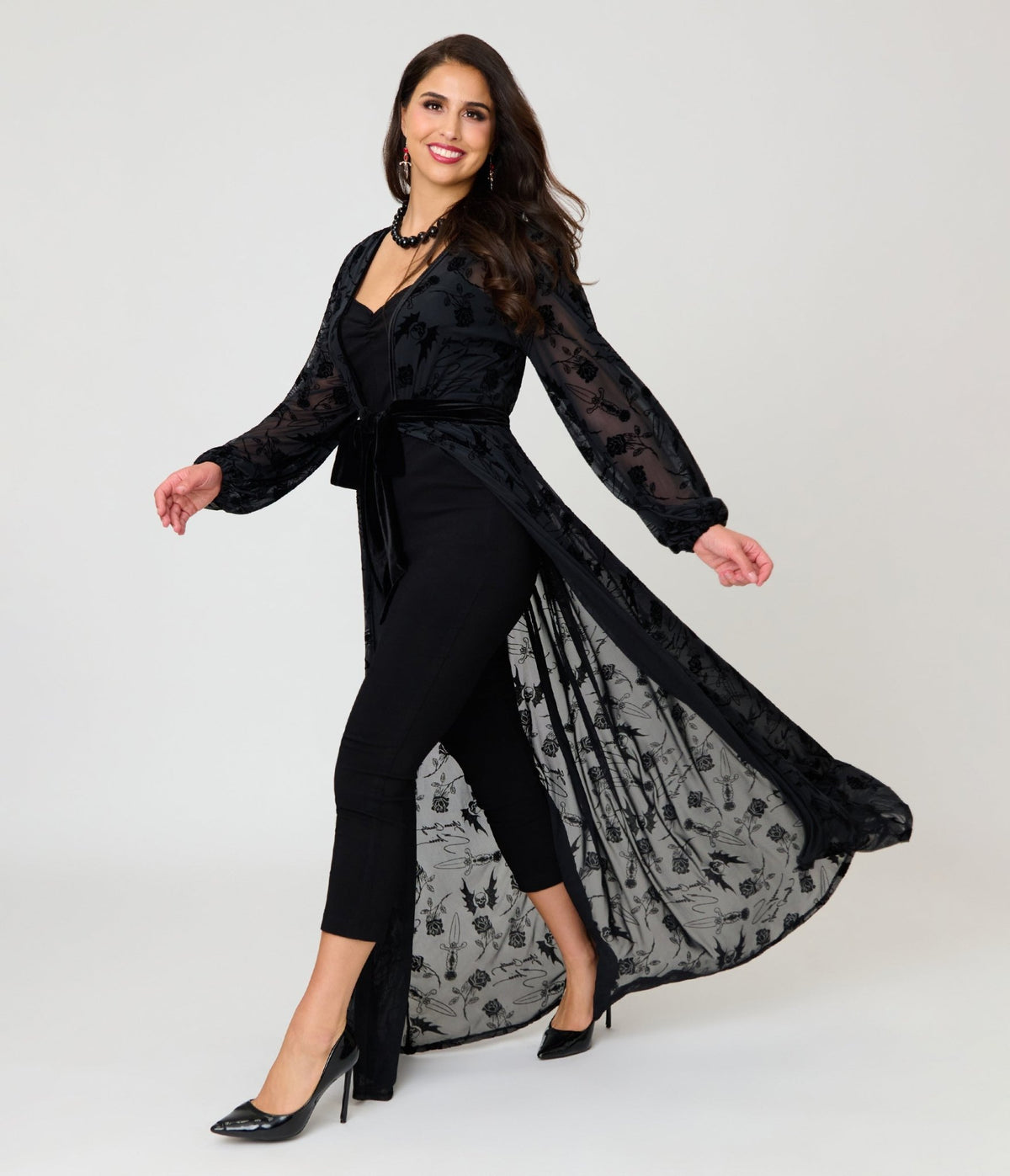 Elvira x Unique Vintage Black Flocked Hollywood Duster - Unique Vintage -