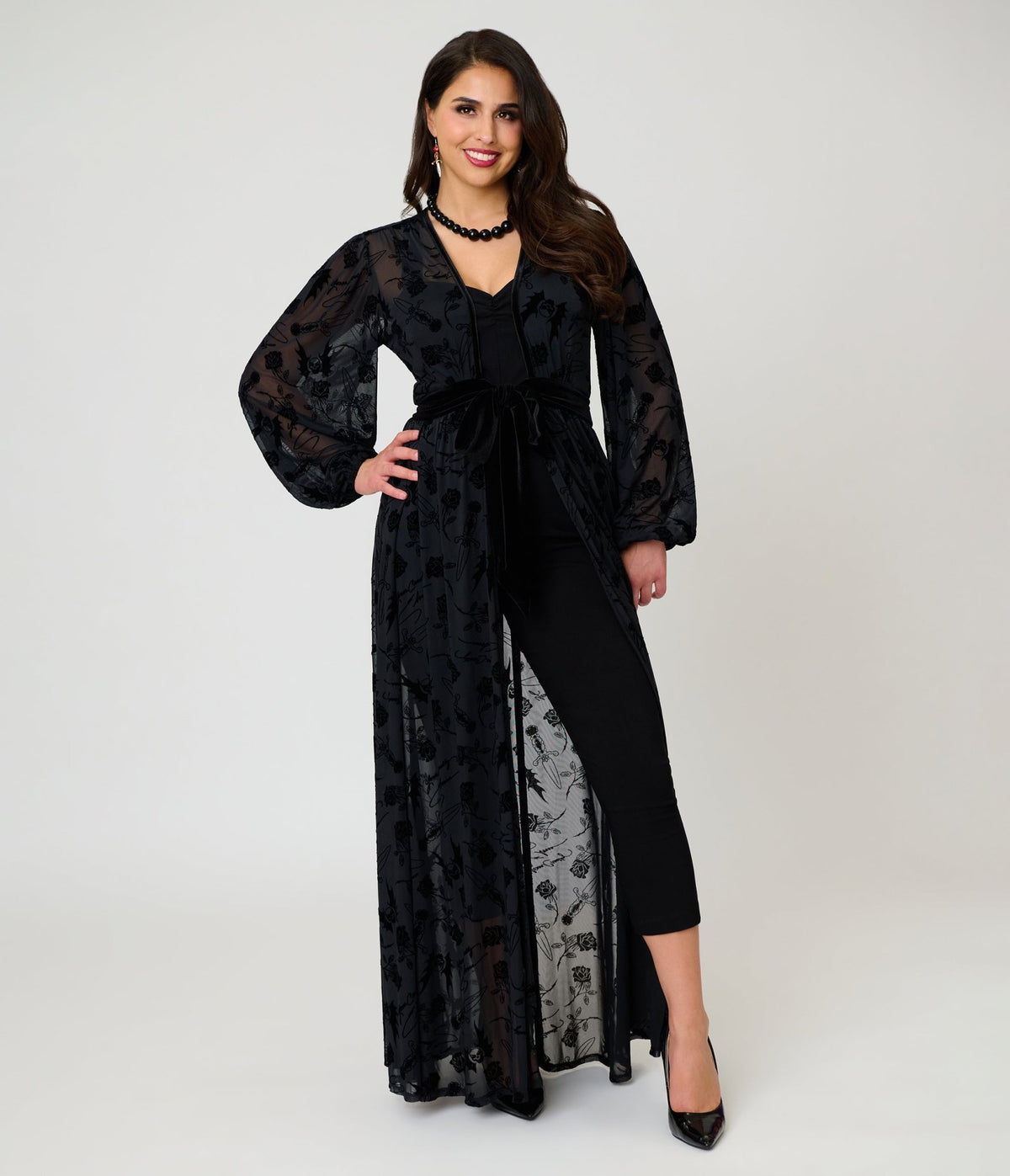 Elvira x Unique Vintage Black Flocked Hollywood Duster - Unique Vintage -
