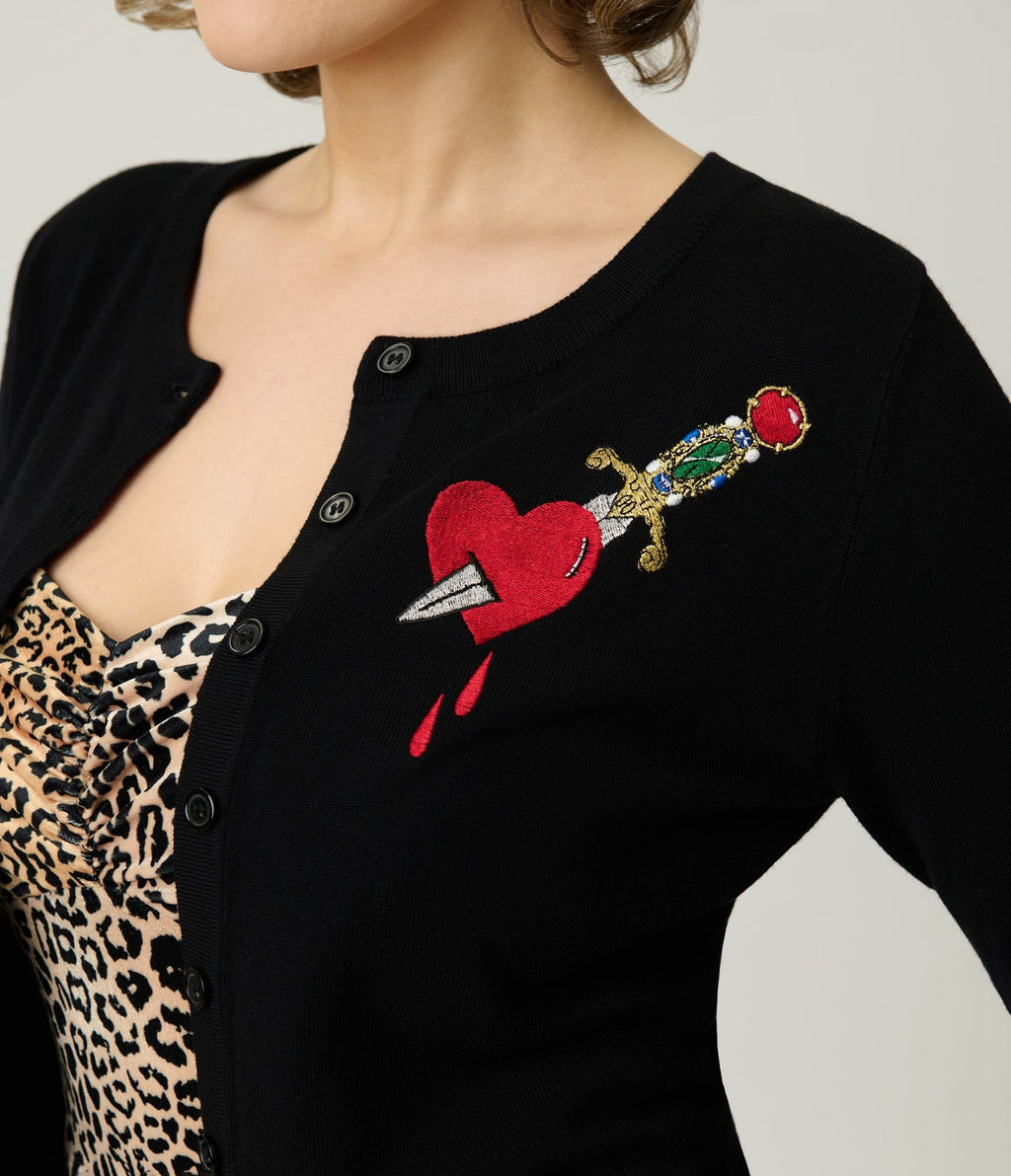 Elvira x Unique Vintage Black Heart Dagger Cardigan - Unique Vintage - Womens, TOPS, SWEATERS