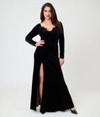 Elvira x Unique Vintage Black Velvet Batwing Neckline Maxi Dress - Unique Vintage - Maxi Dresses