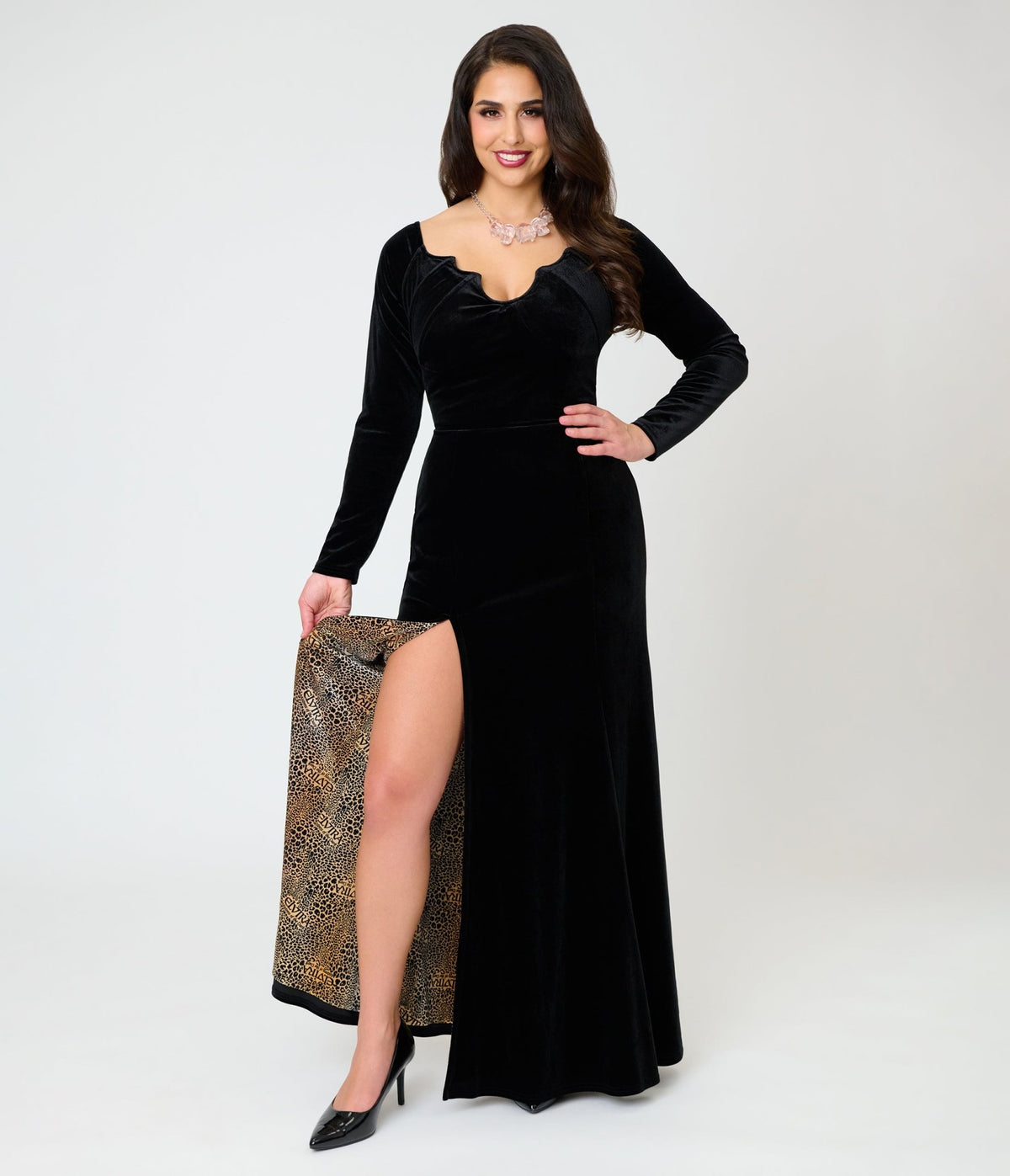 Elvira x Unique Vintage Black Velvet Batwing Neckline Maxi Dress - Unique Vintage - Maxi Dresses