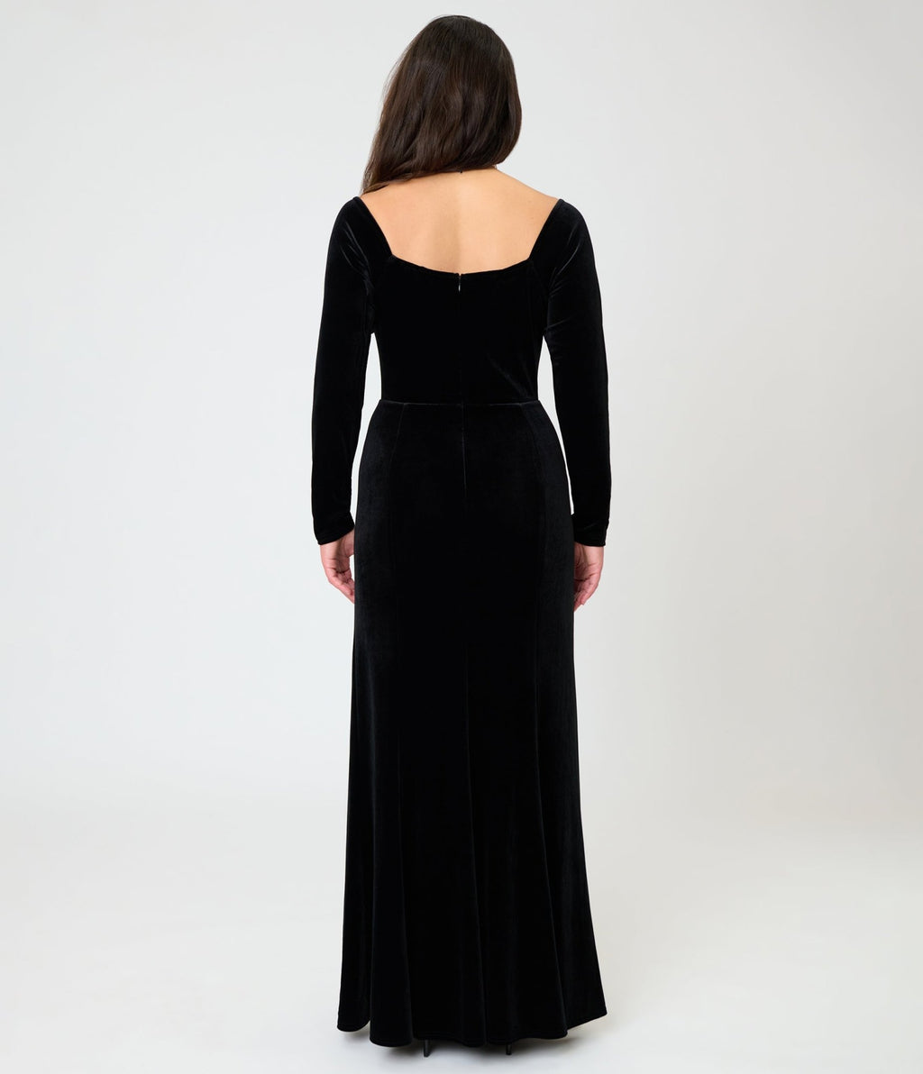 Elvira x Unique Vintage Black Velvet Batwing Neckline Maxi Dress - Unique Vintage - Maxi Dresses