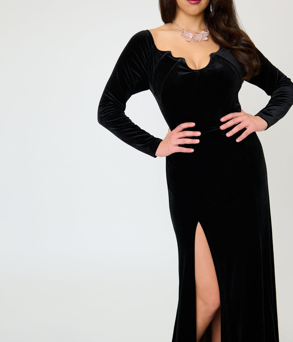 Elvira x Unique Vintage Black Velvet Batwing Neckline Maxi Dress - Unique Vintage - Maxi Dresses