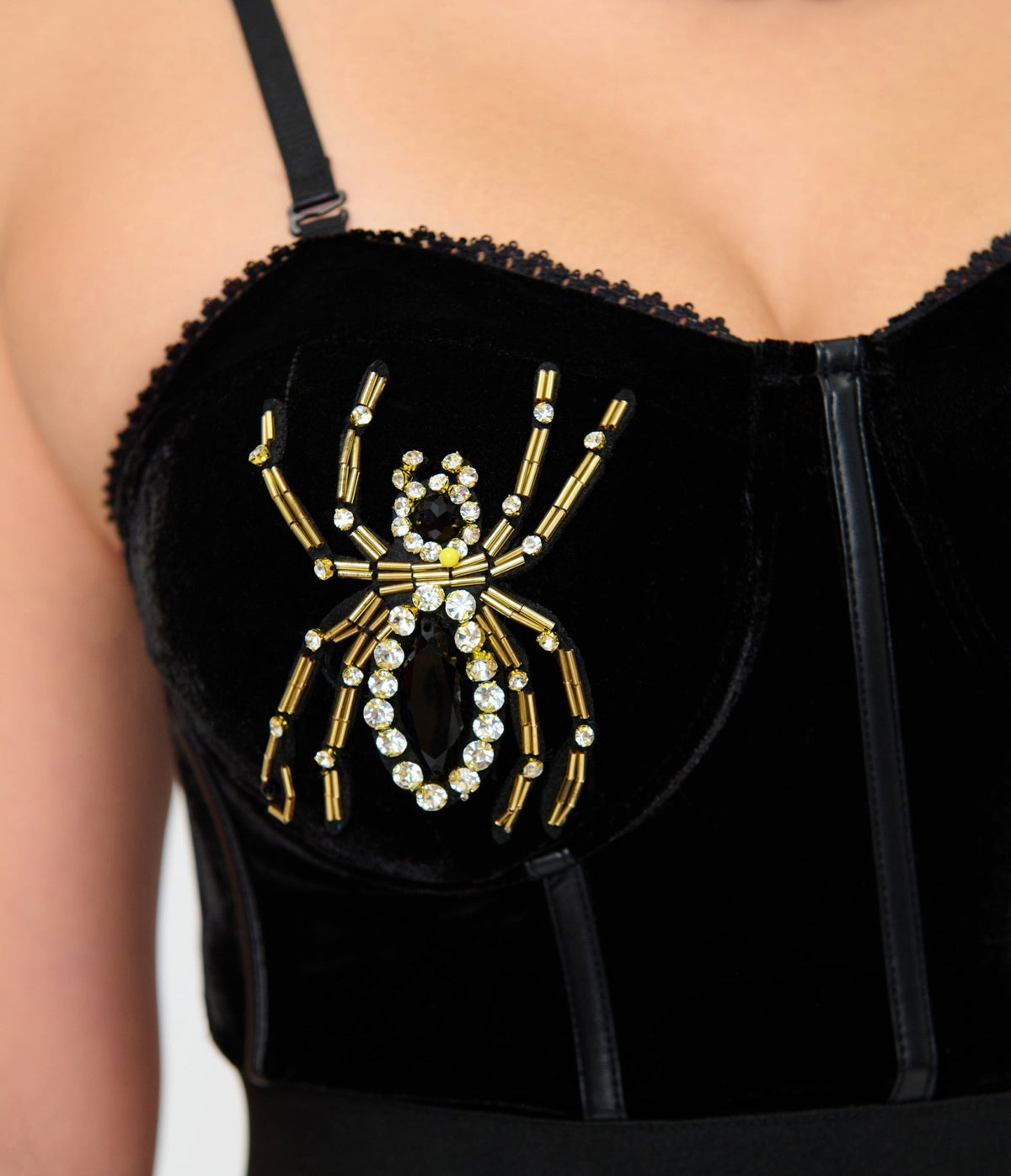Elvira x Unique Vintage Black Velvet & Spider Bustier Crop Top - Unique Vintage - Crop Tops
