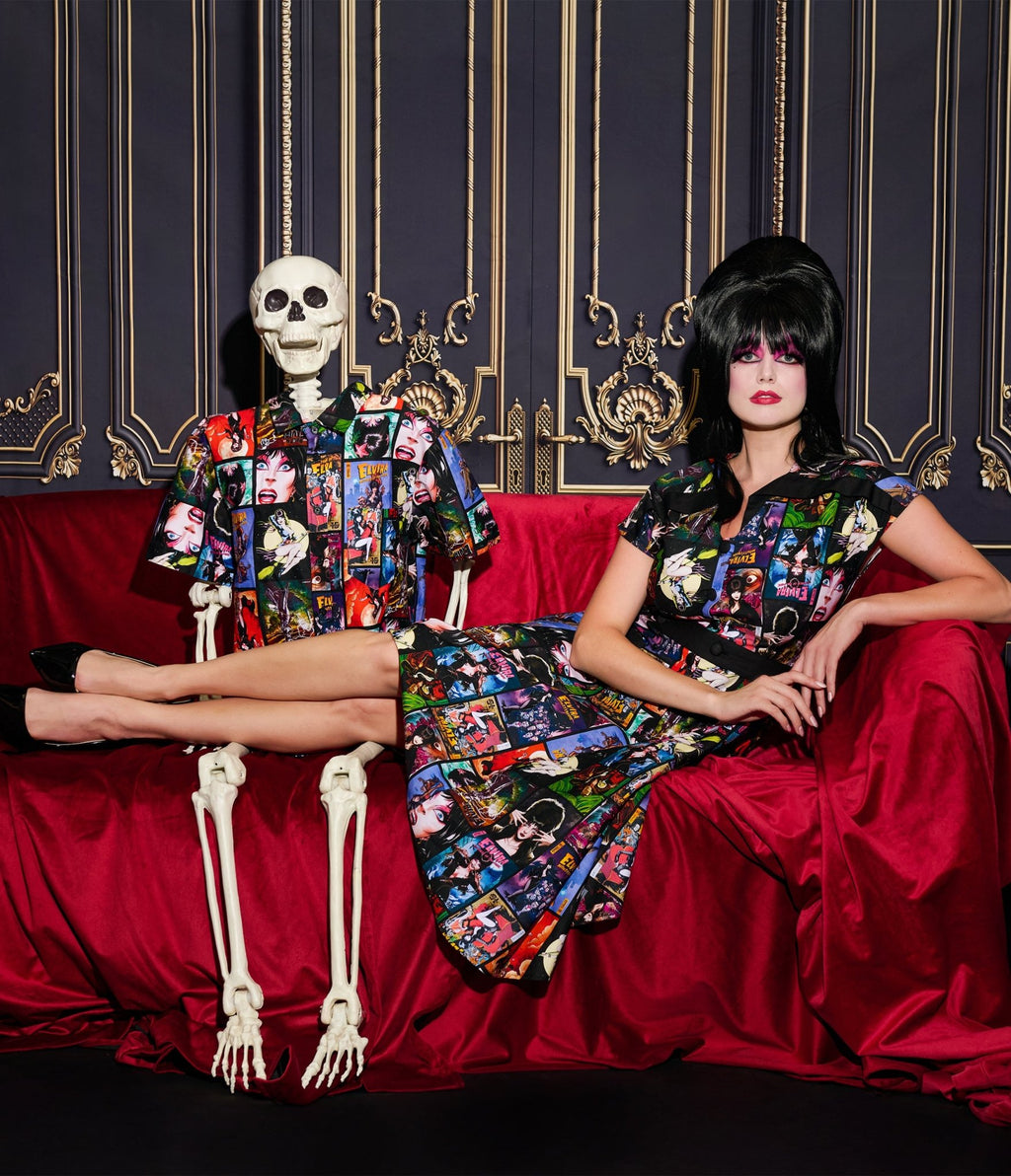 Elvira x Unique Vintage Elvira Comic Print Hedda Swing Dress - Unique Vintage - Womens, DRESSES, SWING