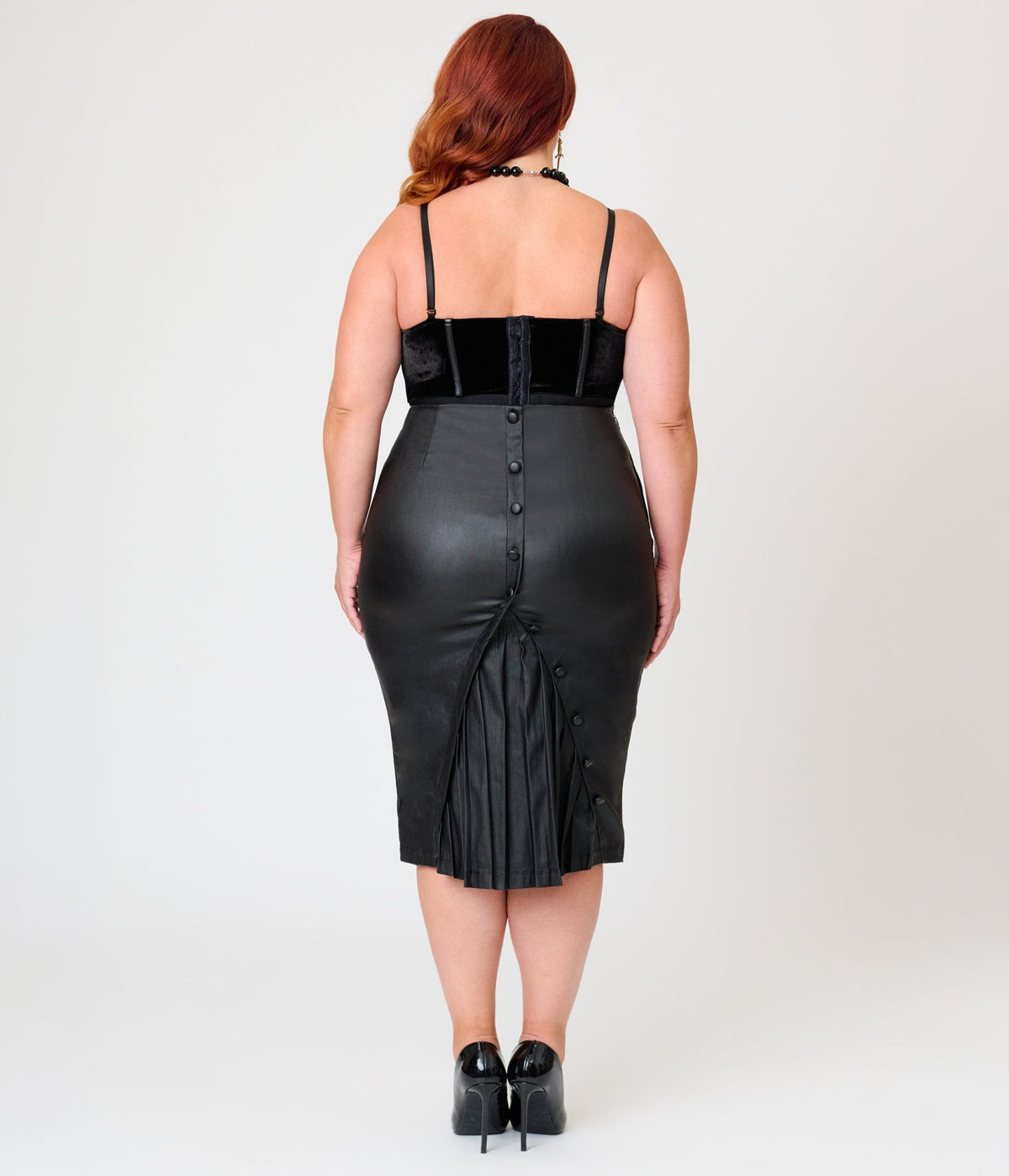Elvira x Unique Vintage Plus Size Black Dagger Pleated Vegan Leather Pencil Skirt - Unique Vintage -