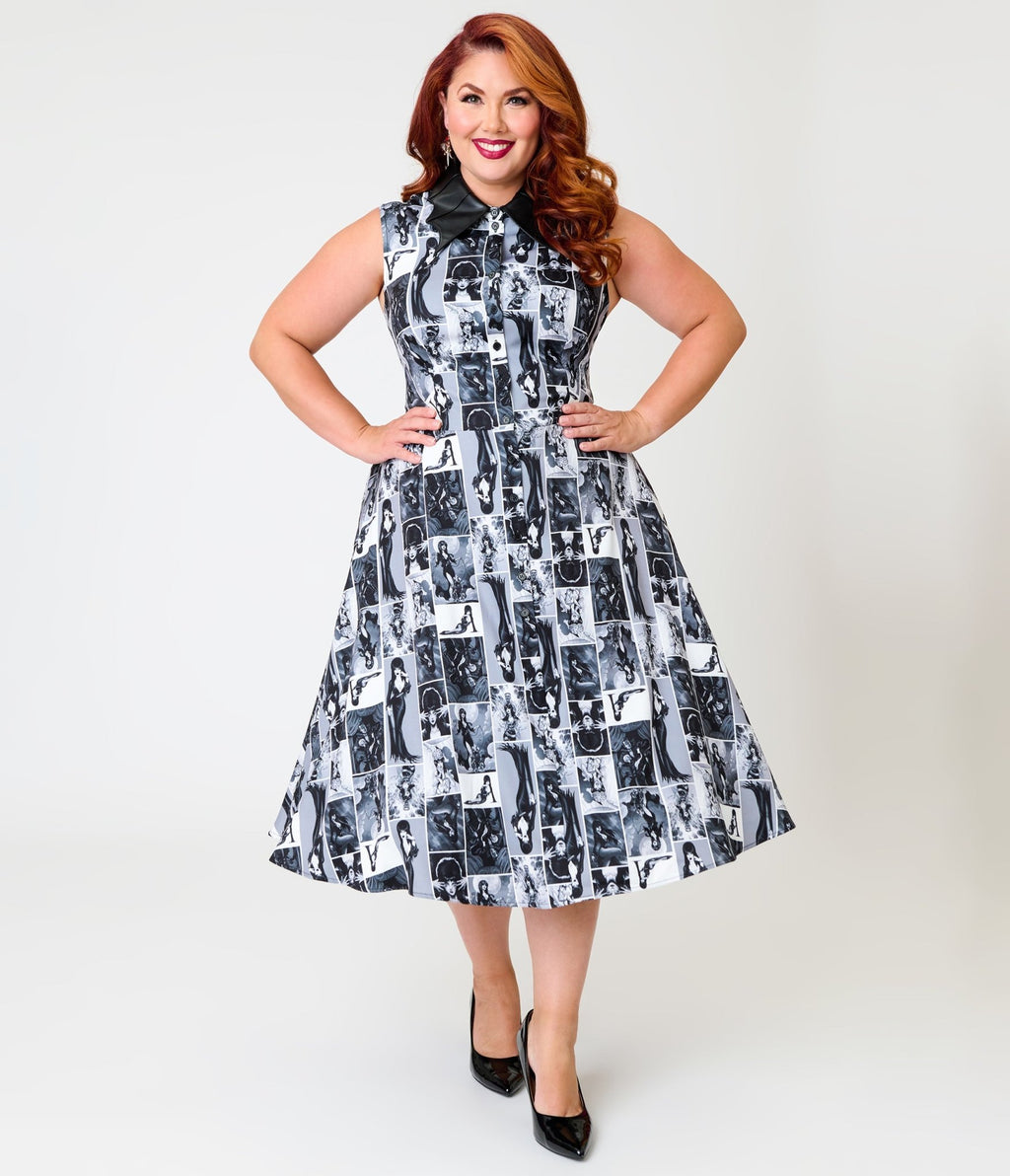 Elvira x Unique Vintage Plus Size Black Elvira Animated Darlene Swing Dress - Unique Vintage -