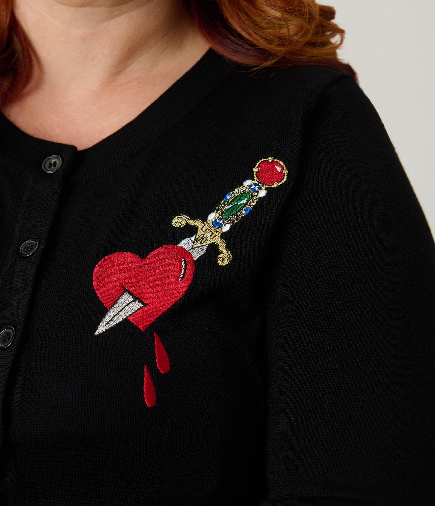 Elvira x Unique Vintage Plus Size Black Heart Dagger Cardigan