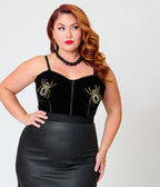 Elvira x Unique Vintage Plus Size Black Velvet & Spider Bustier Crop Top - Unique Vintage - Crop Tops