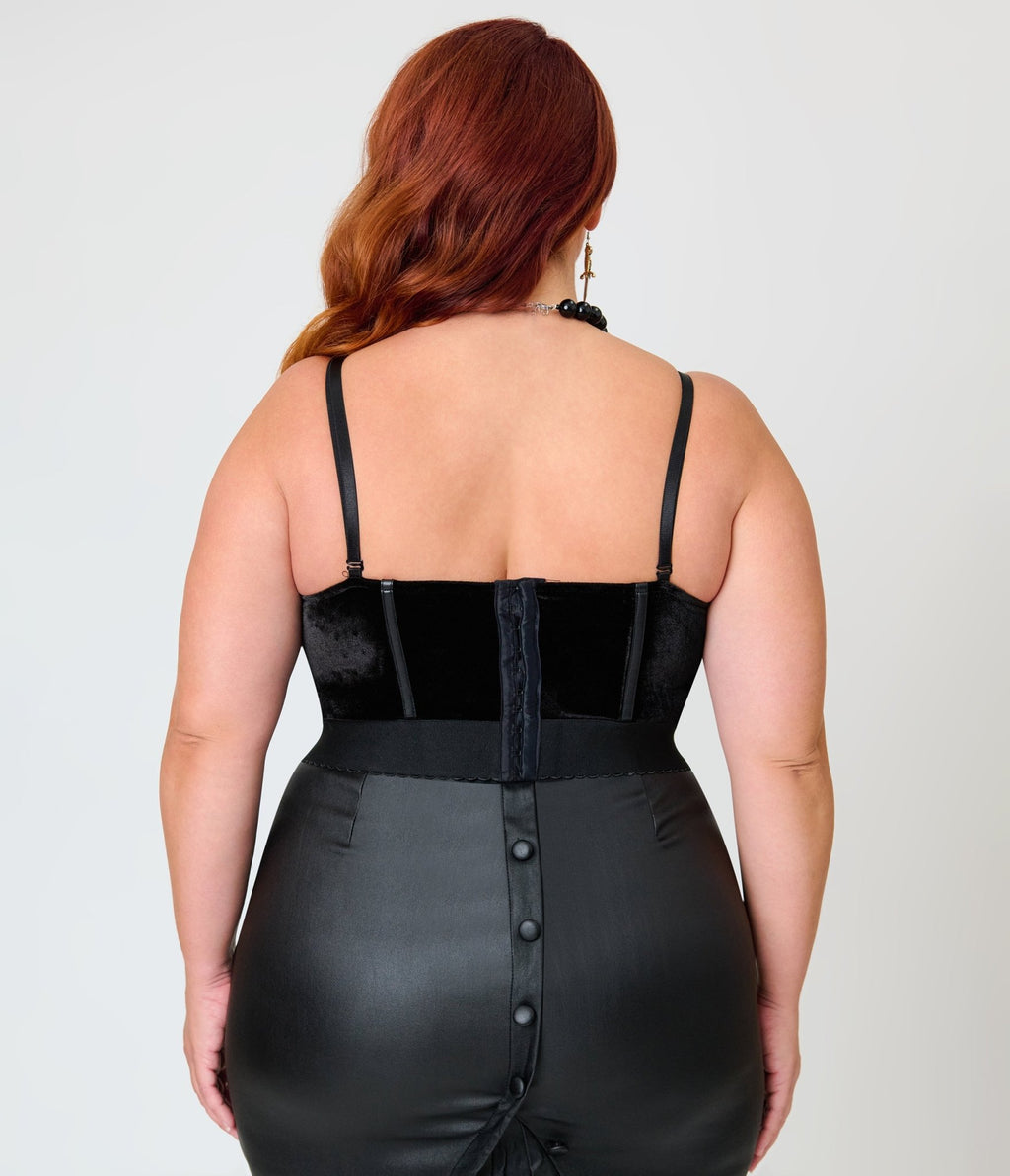 Elvira x Unique Vintage Plus Size Black Velvet & Spider Bustier Crop Top - Unique Vintage - Crop Tops