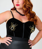 Elvira x Unique Vintage Plus Size Black Velvet & Spider Bustier Crop Top - Unique Vintage - Crop Tops
