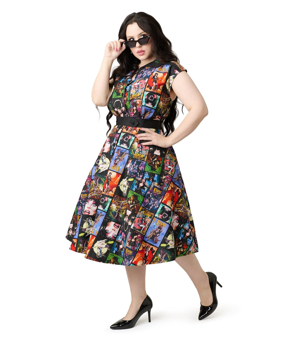 Elvira x Unique Vintage Plus Size Elvira Comic Print Hedda Swing Dress - Unique Vintage - Womens, DRESSES, SWING