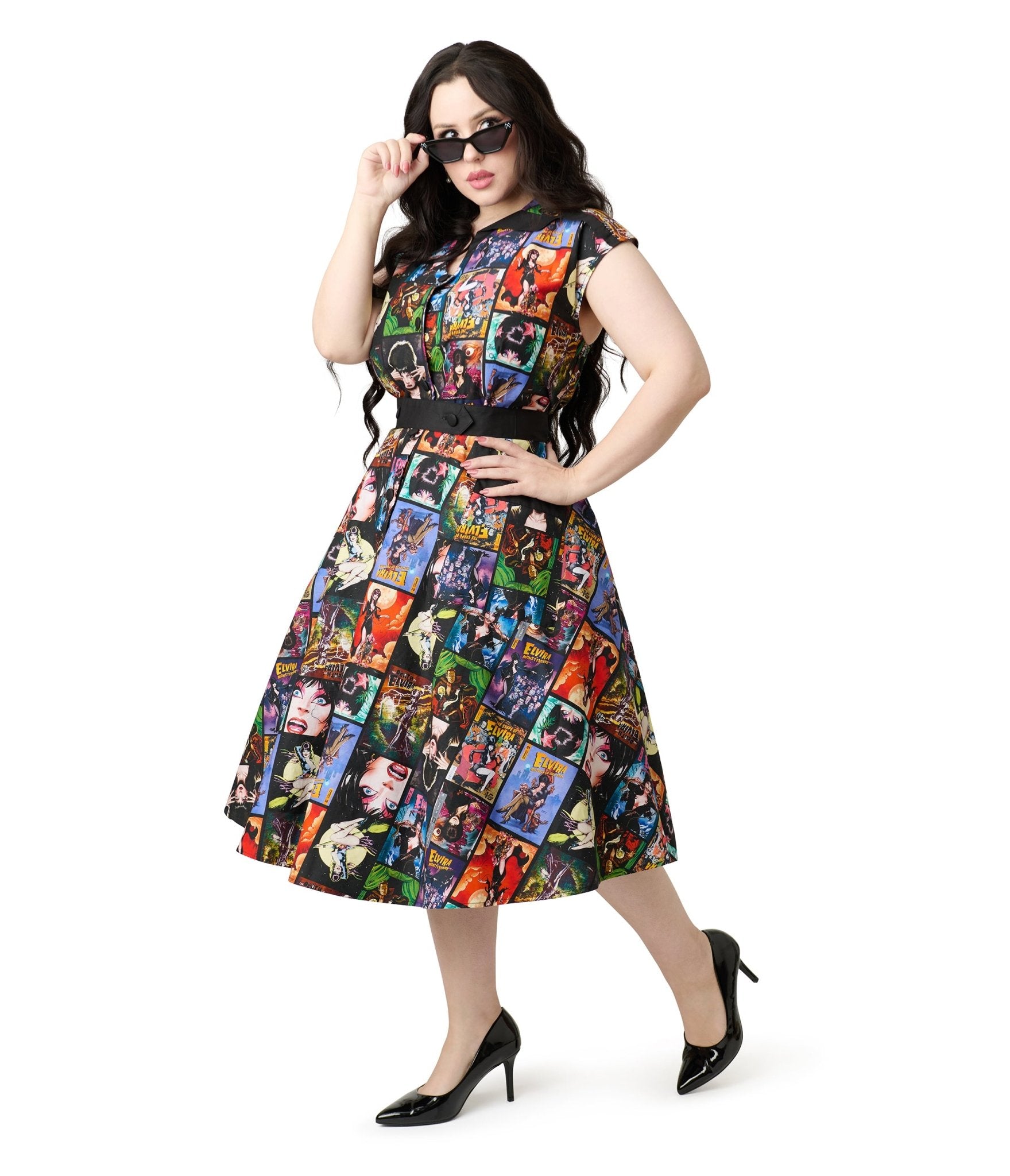 Elvira x Unique Vintage Plus Size Elvira Comic Print Hedda Swing Dress - Unique Vintage - Womens, DRESSES, SWING