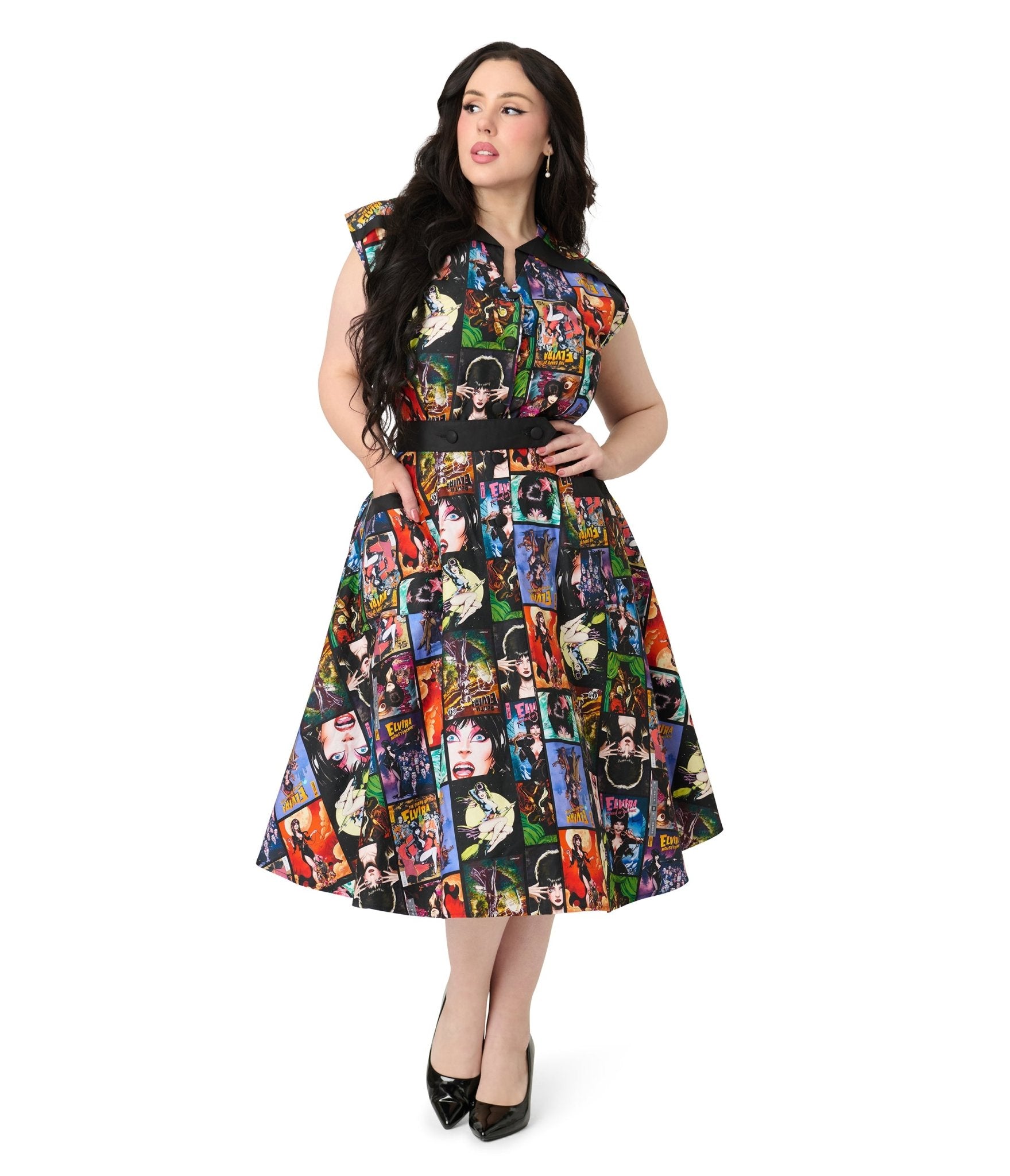 Elvira x Unique Vintage Plus Size Elvira Comic Print Hedda Swing Dress - Unique Vintage - Womens, DRESSES, SWING