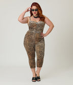 Elvira x Unique Vintage Plus Size Leopard Print & Skull Pin Belted Velvet Jumpsuit - Unique Vintage - Womens, BOTTOMS, ROMPERS AND JUMPSUITS