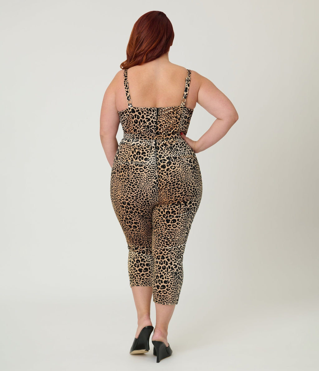 Elvira x Unique Vintage Plus Size Leopard Print & Skull Pin Belted Velvet Jumpsuit - Unique Vintage - Womens, BOTTOMS, ROMPERS AND JUMPSUITS