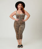 Elvira x Unique Vintage Plus Size Leopard Print & Skull Pin Belted Velvet Jumpsuit - Unique Vintage - Womens, BOTTOMS, ROMPERS AND JUMPSUITS